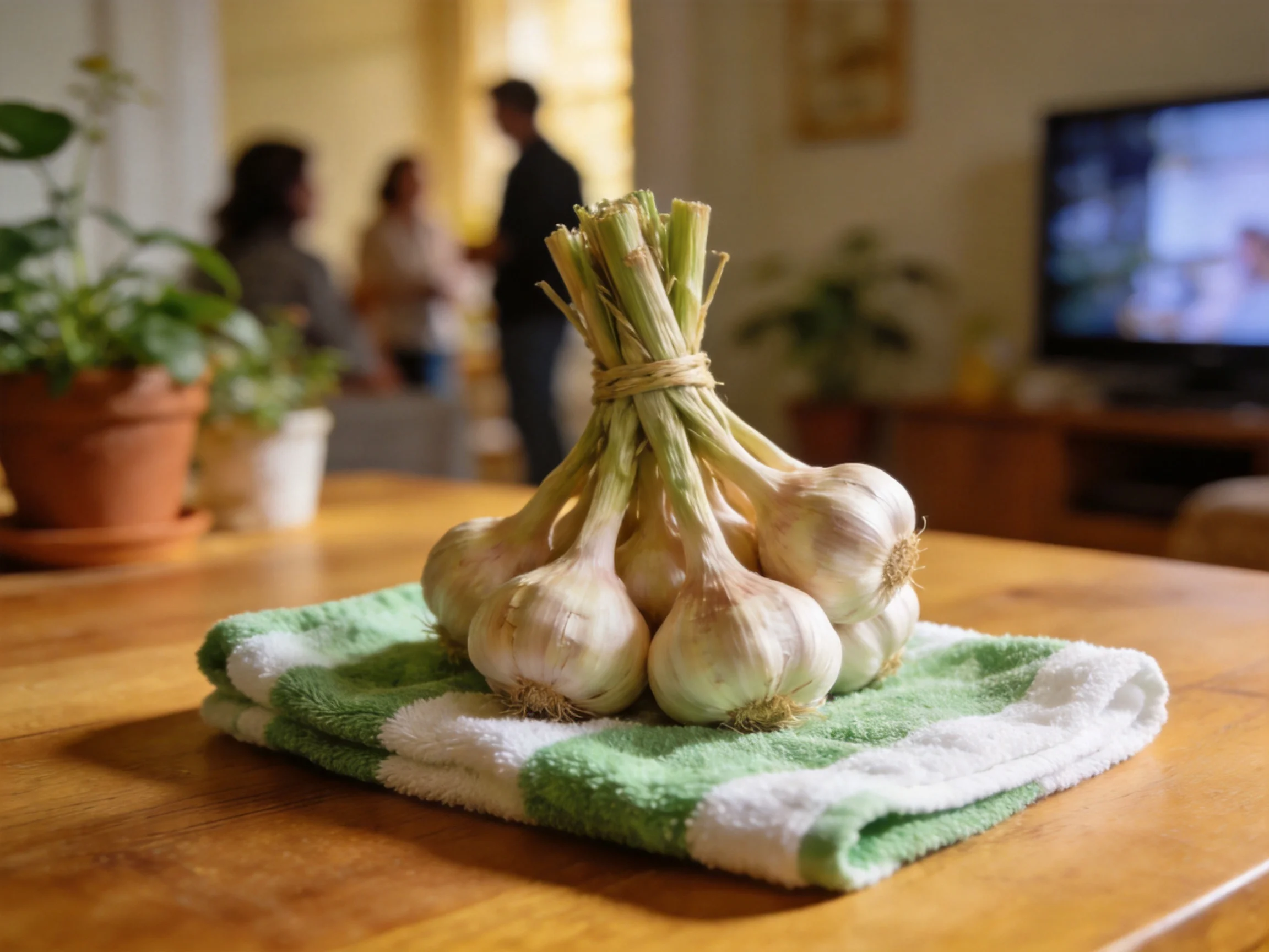 A bundle of garlic on a green-and-white towel on a wooden table in a cozy room