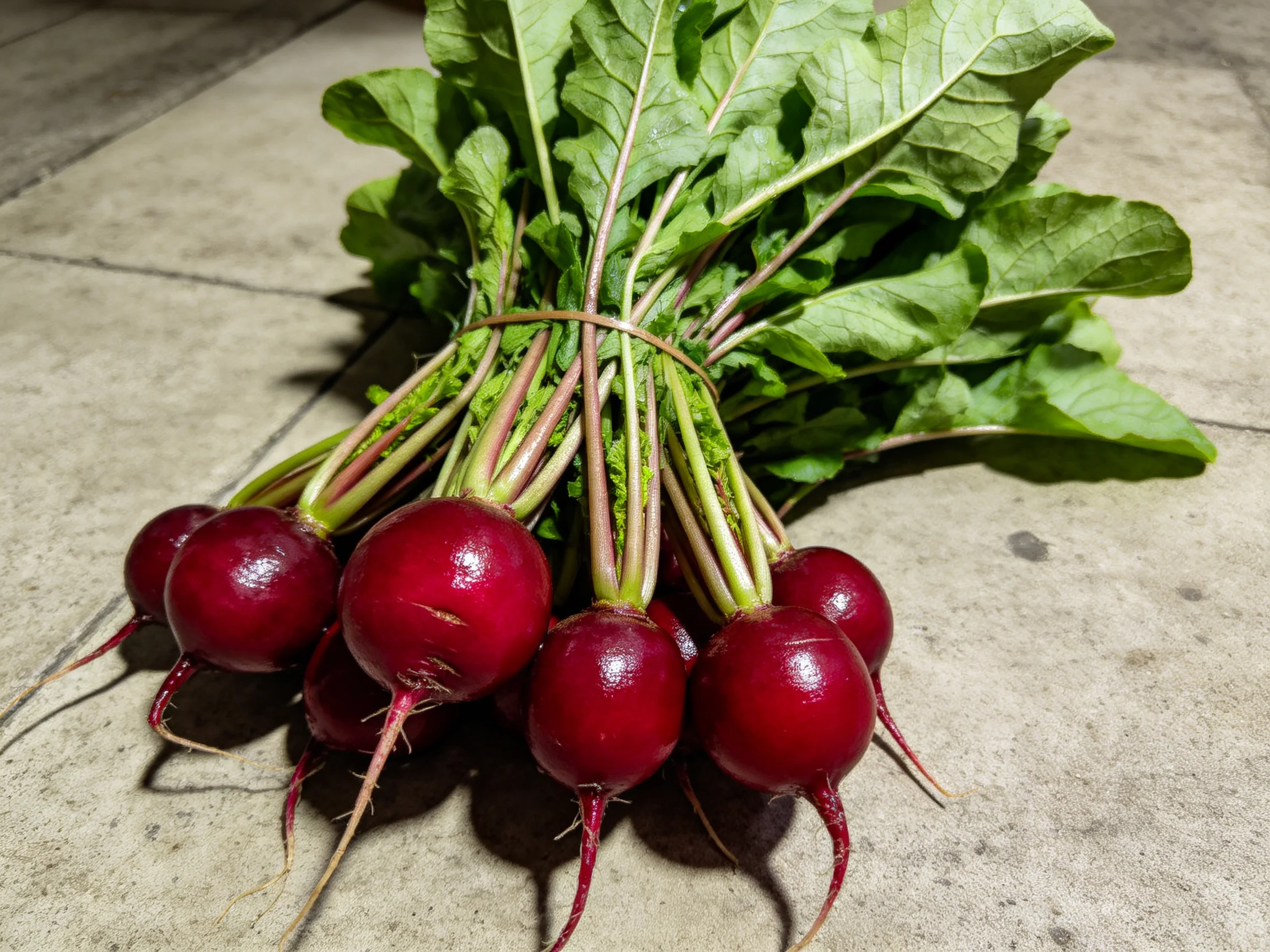 A bundle of glossy red beets with fresh green foliage