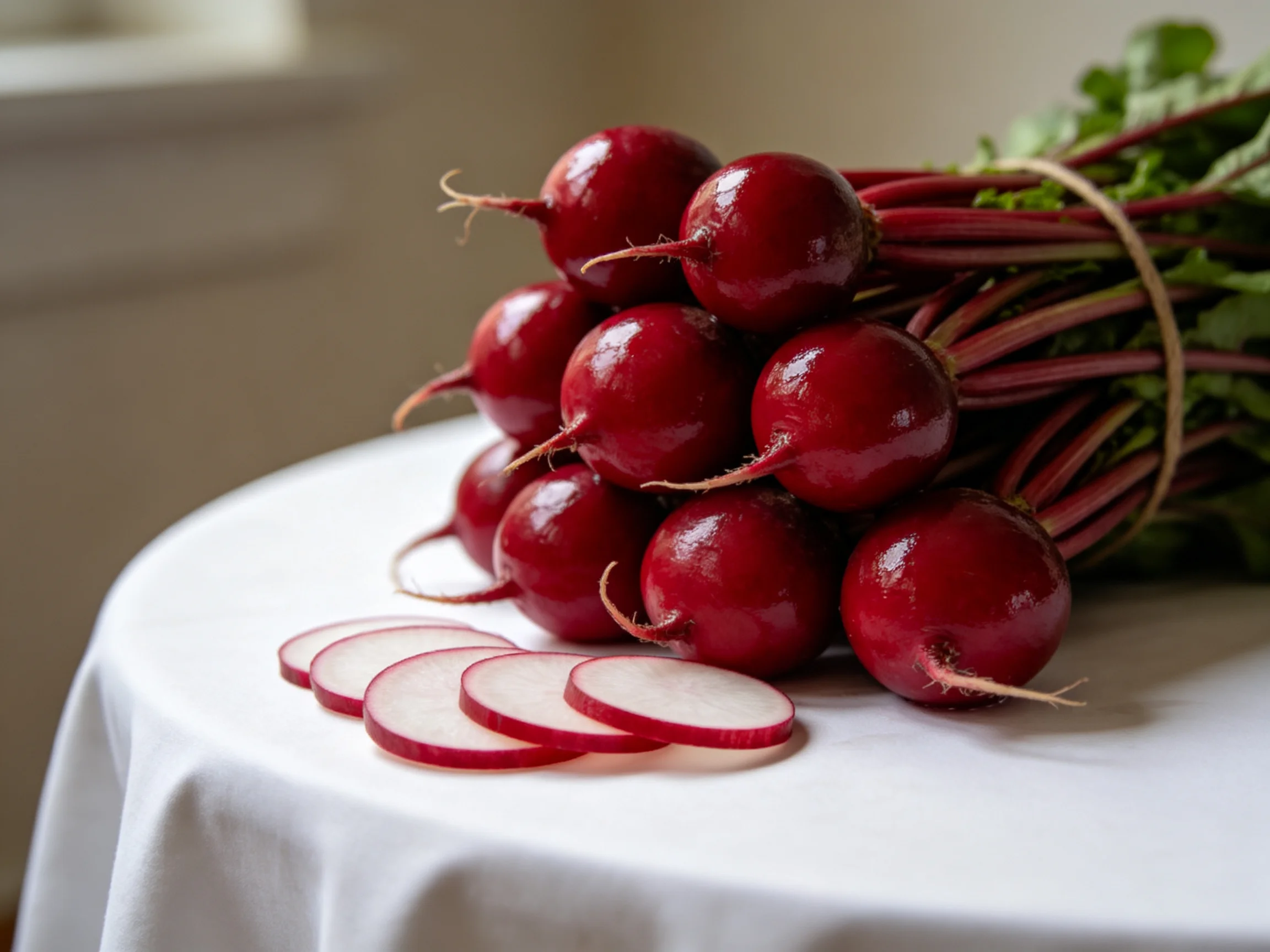 A bundle of glossy red radishes with sliced pieces on a white table
