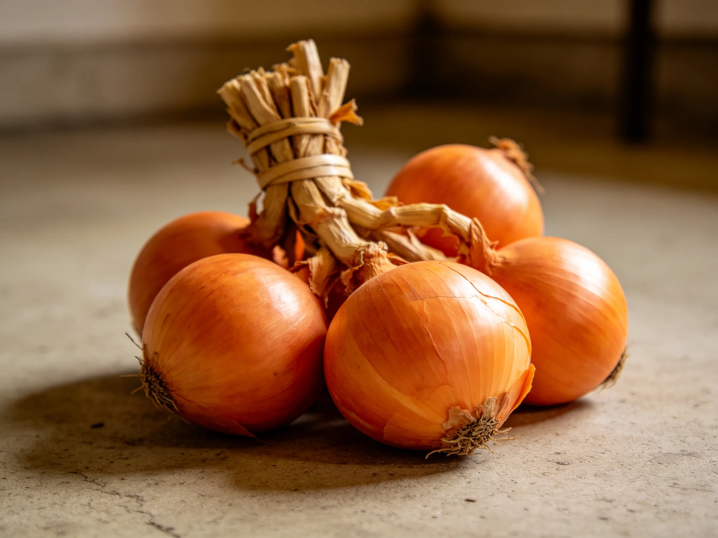 A bundle of golden-brown onions tied with twine on a smooth surface