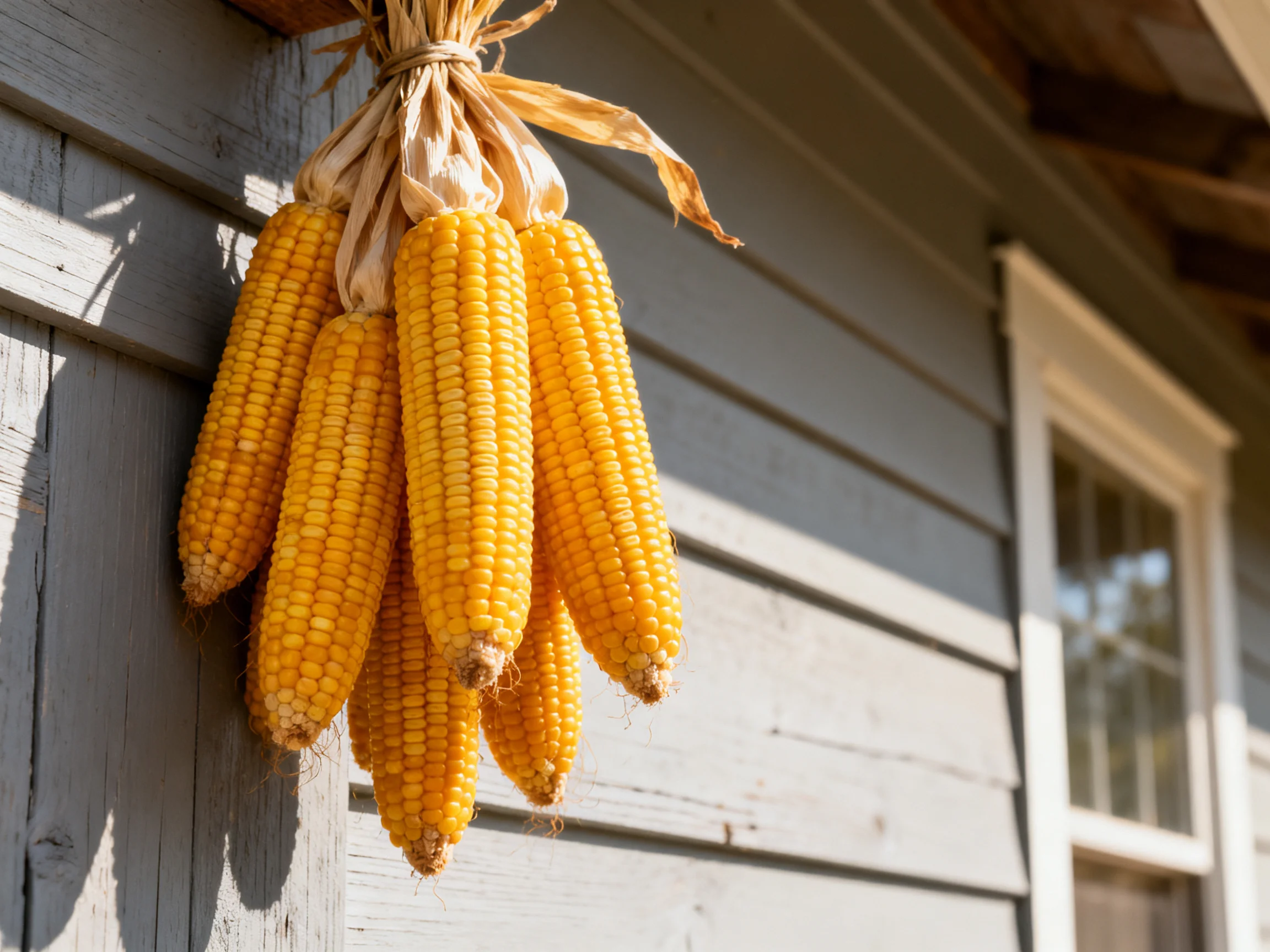 A bundle of golden corn cobs hangs from a weathered gray wooden wall