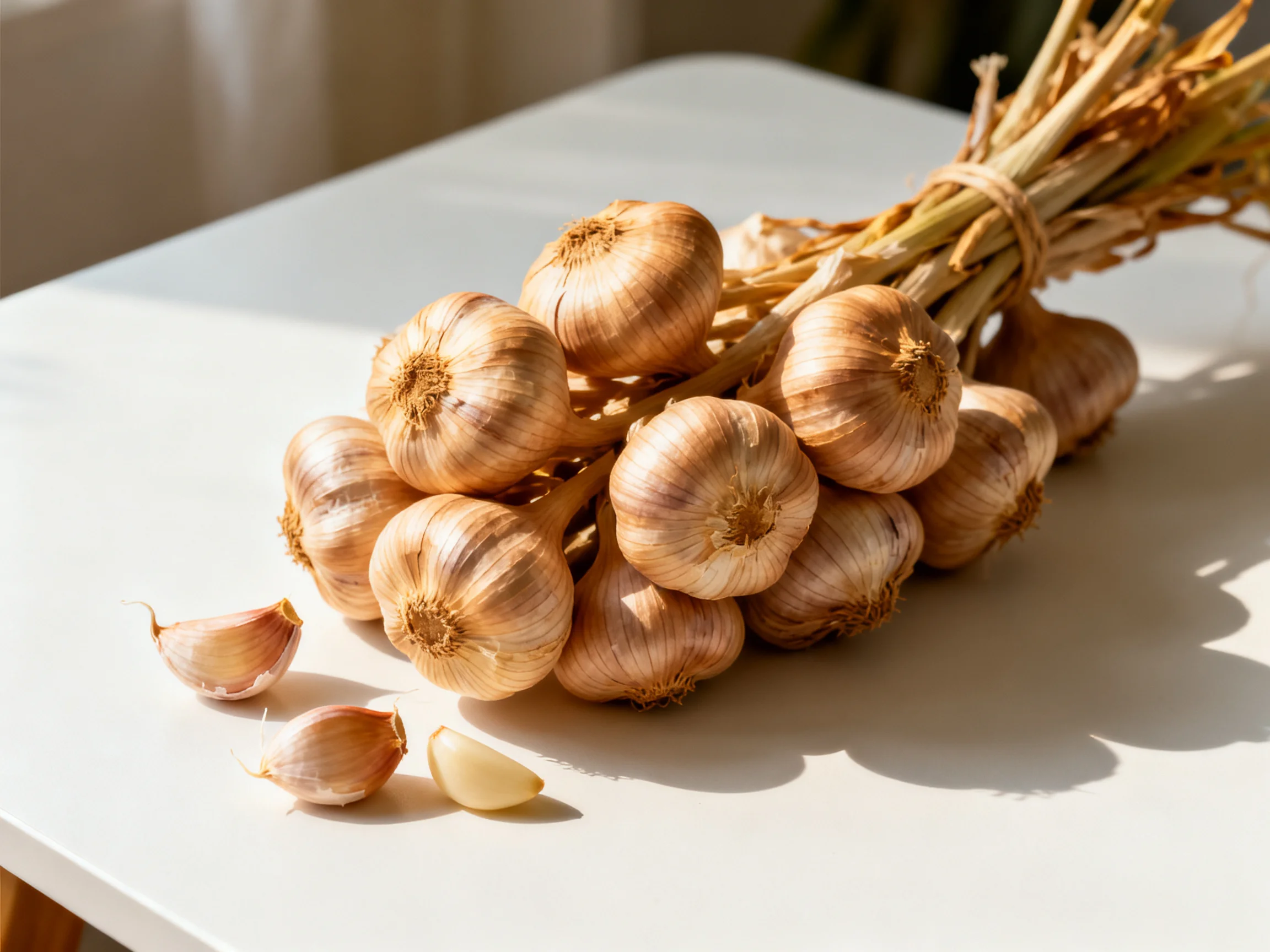 A bundle of golden garlic bulbs with loose cloves on a white table