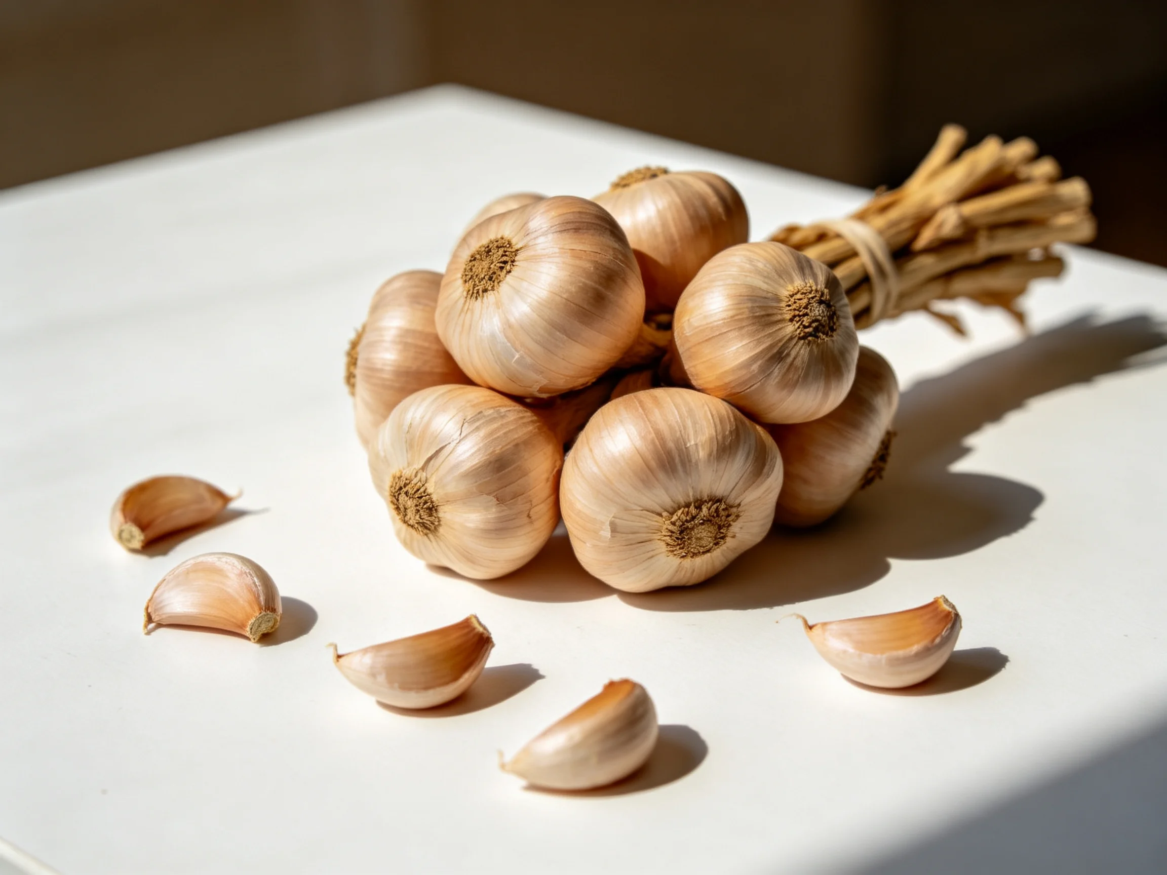 A bundle of golden garlic bulbs with scattered cloves on a white table