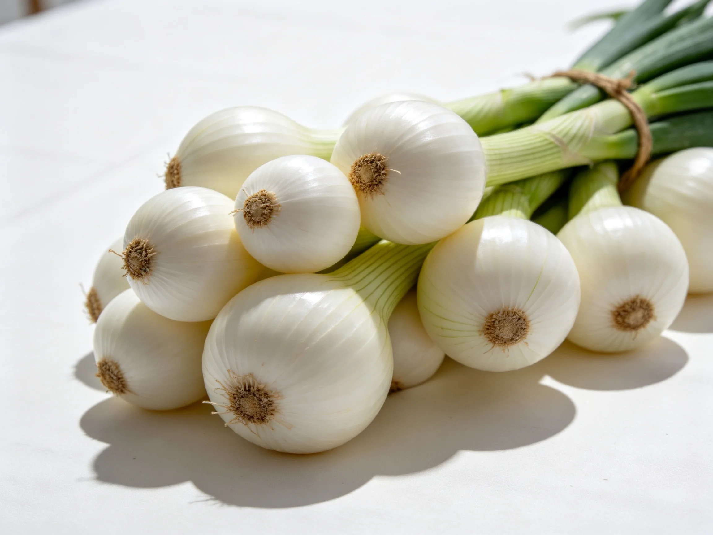 A bundle of harvested white onions with green stems