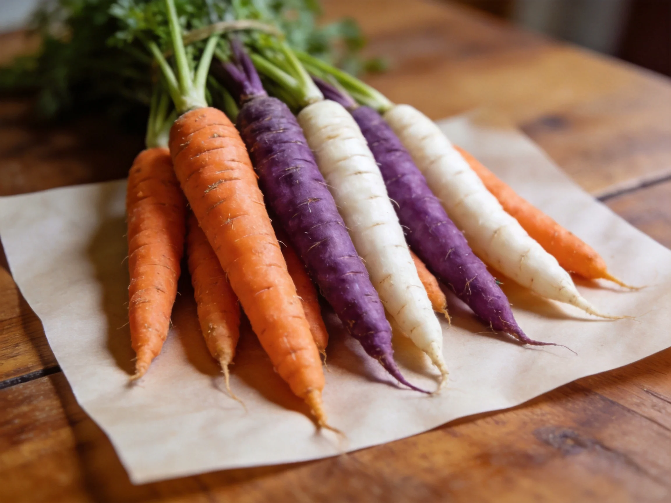 A bundle of multicolored carrots on parchment paper