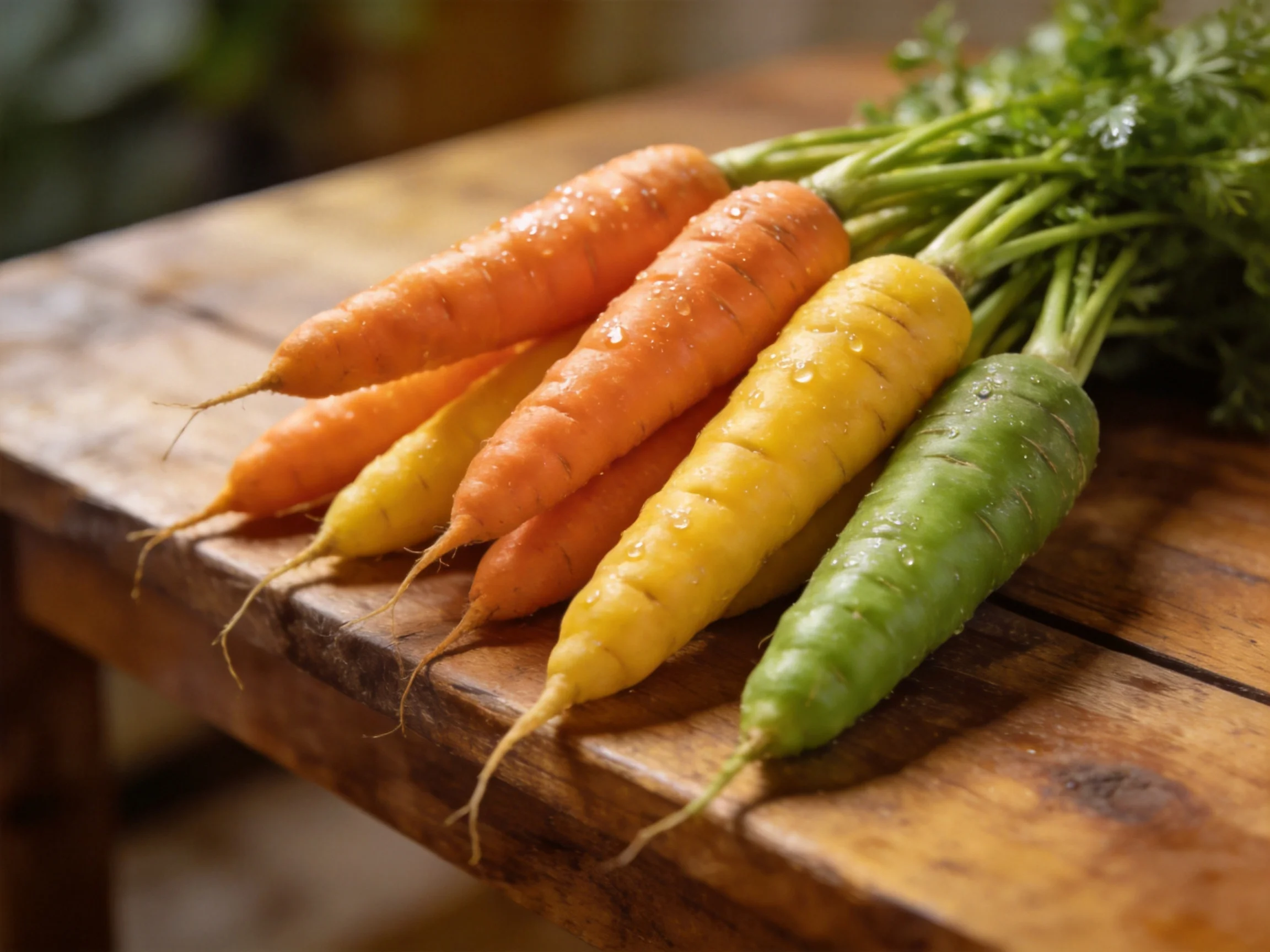 A bundle of multicolored carrots with green tops on a wooden table