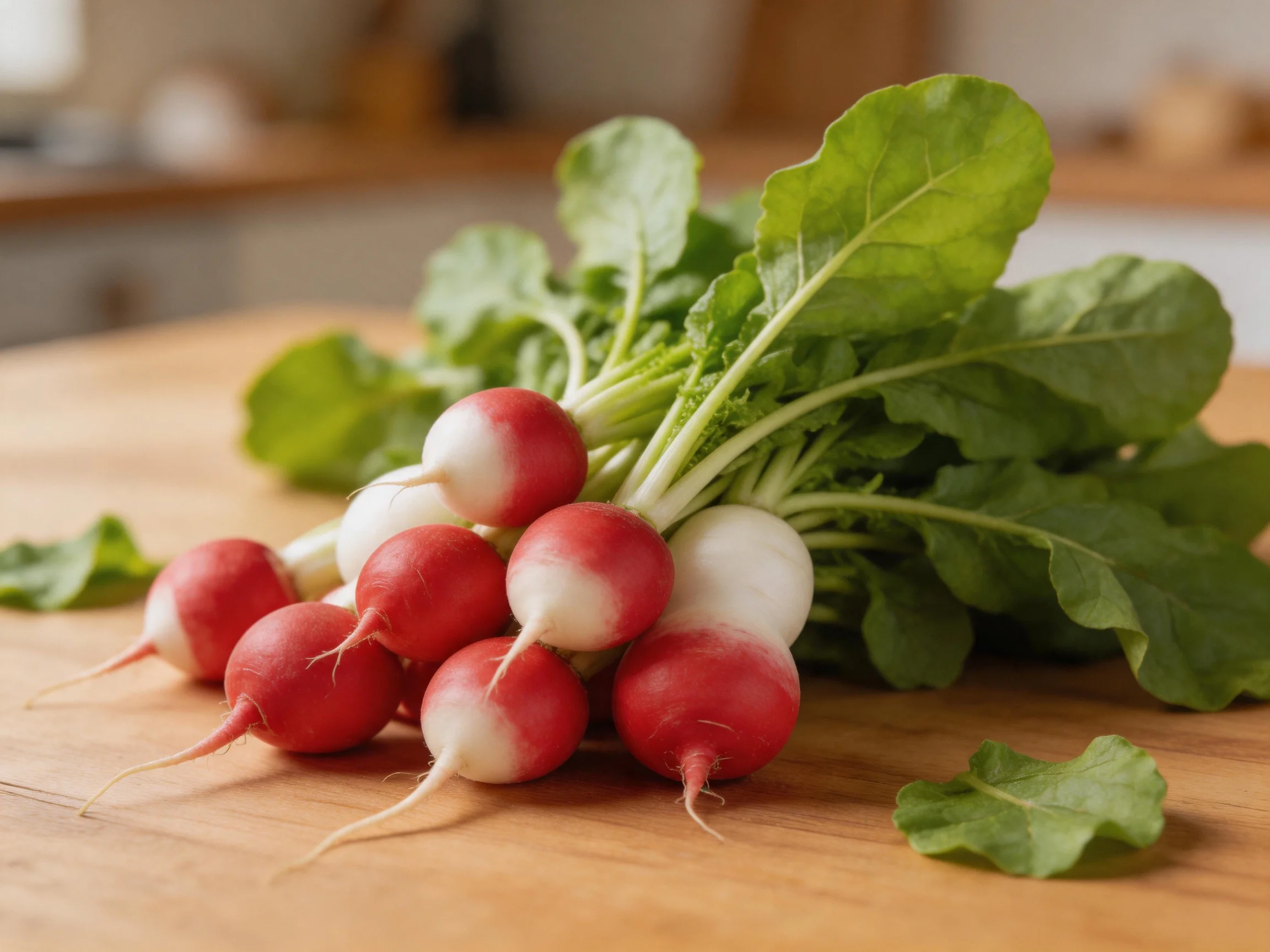 A cluster of red and white radishes with green leaves sits on a wooden surface.