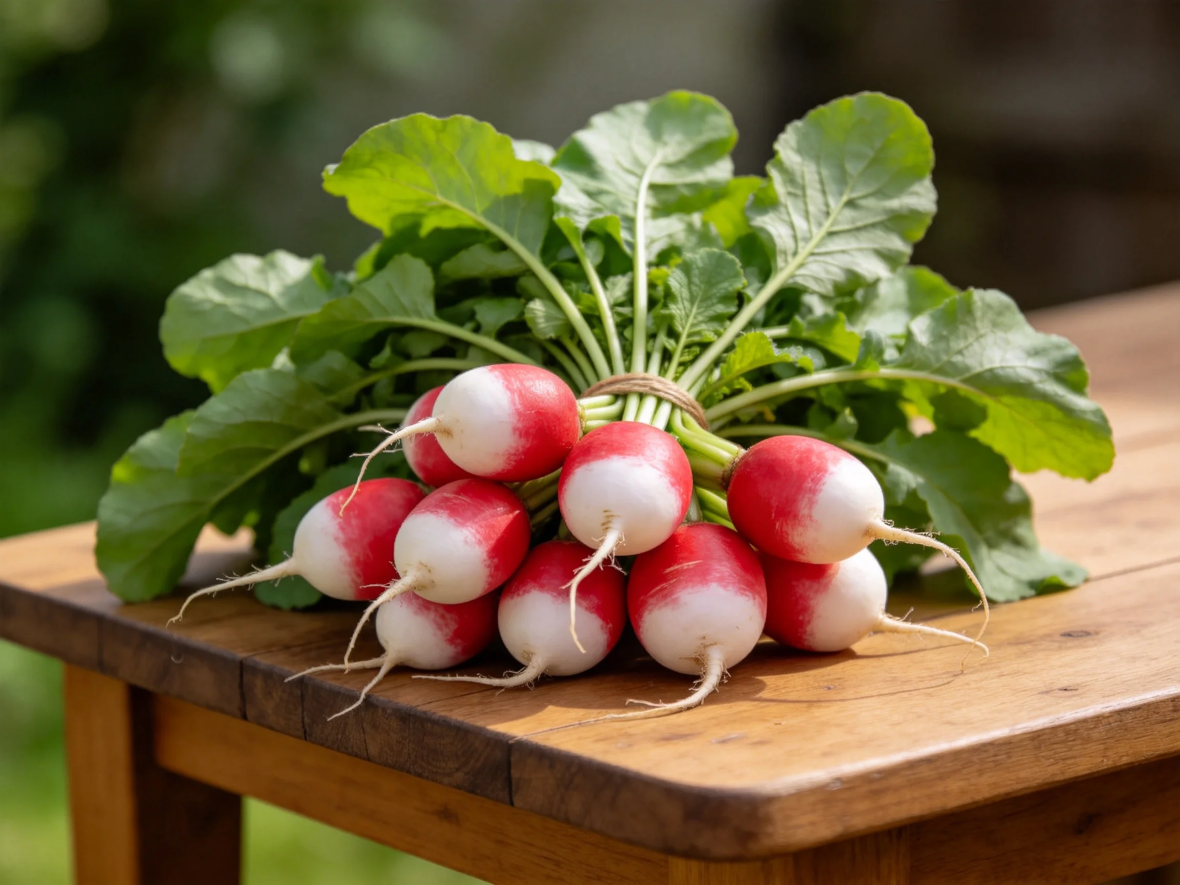 A bundle of red and white radishes with green foliage on a wooden table