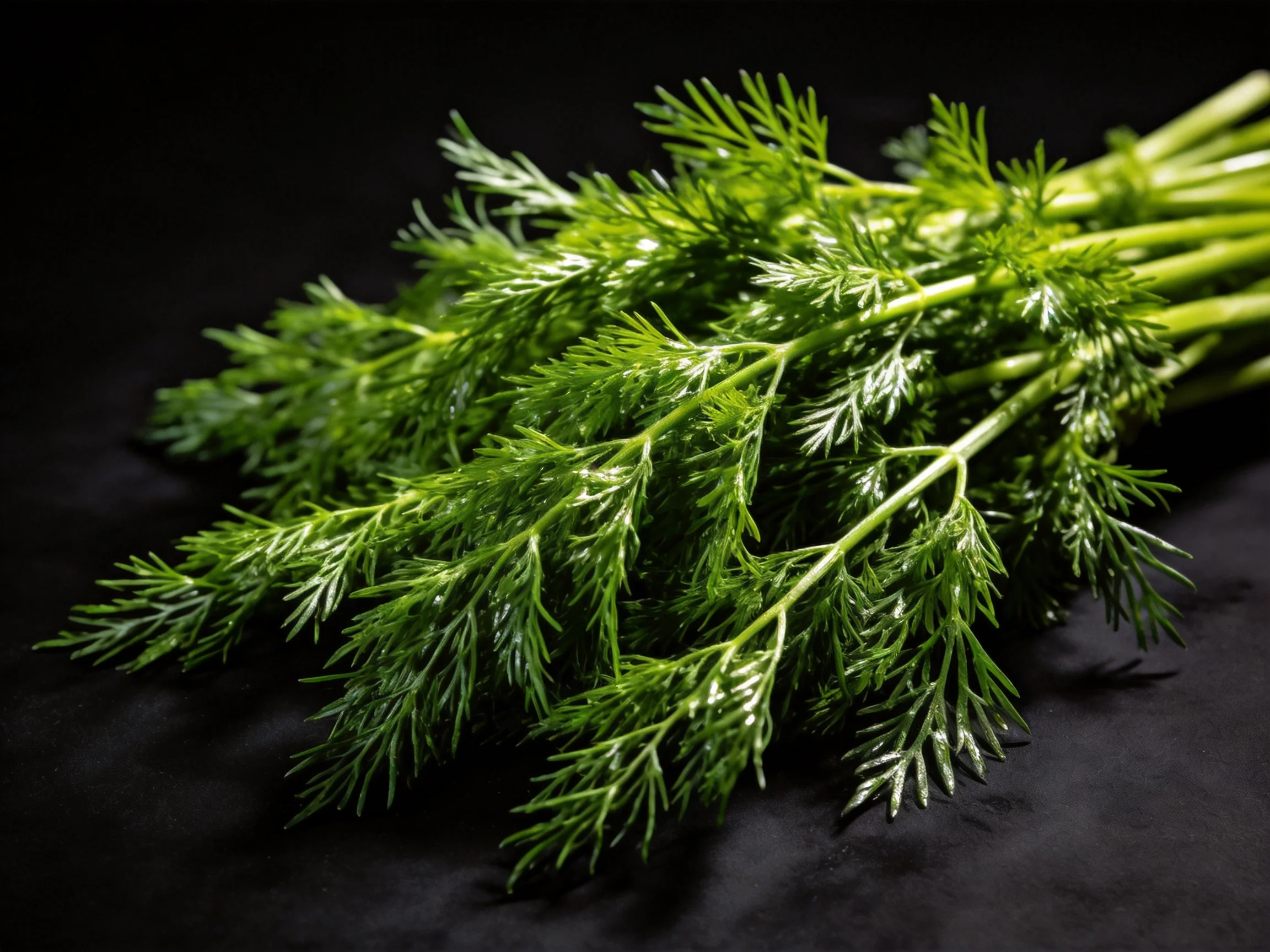 A bundle of vibrant green leafy herbs arranged on a dark background