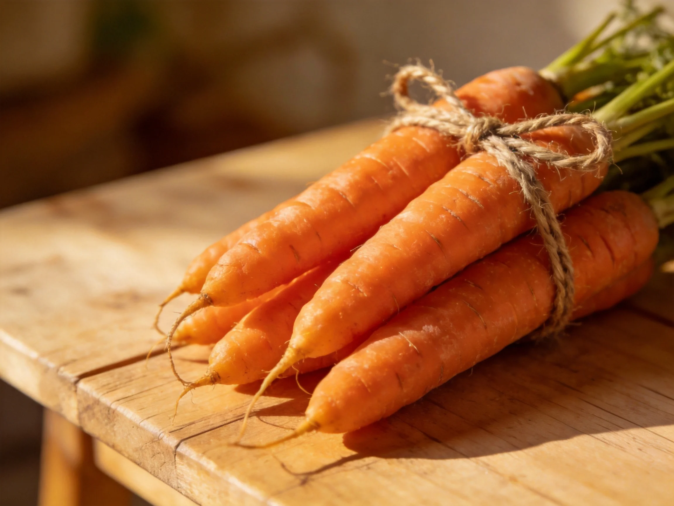 A bundle of vibrant orange carrots tied with twine on a wooden table