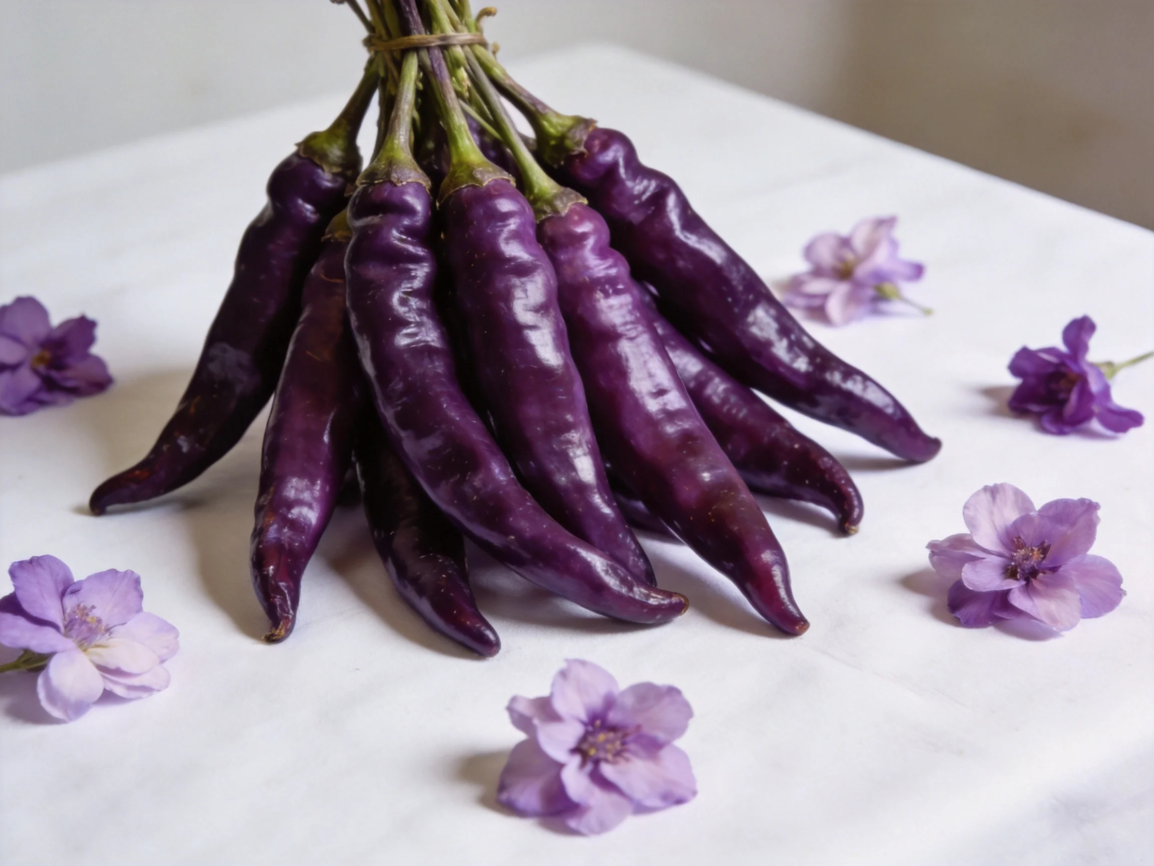A bundle of vibrant purple chili peppers with scattered lavender flowers