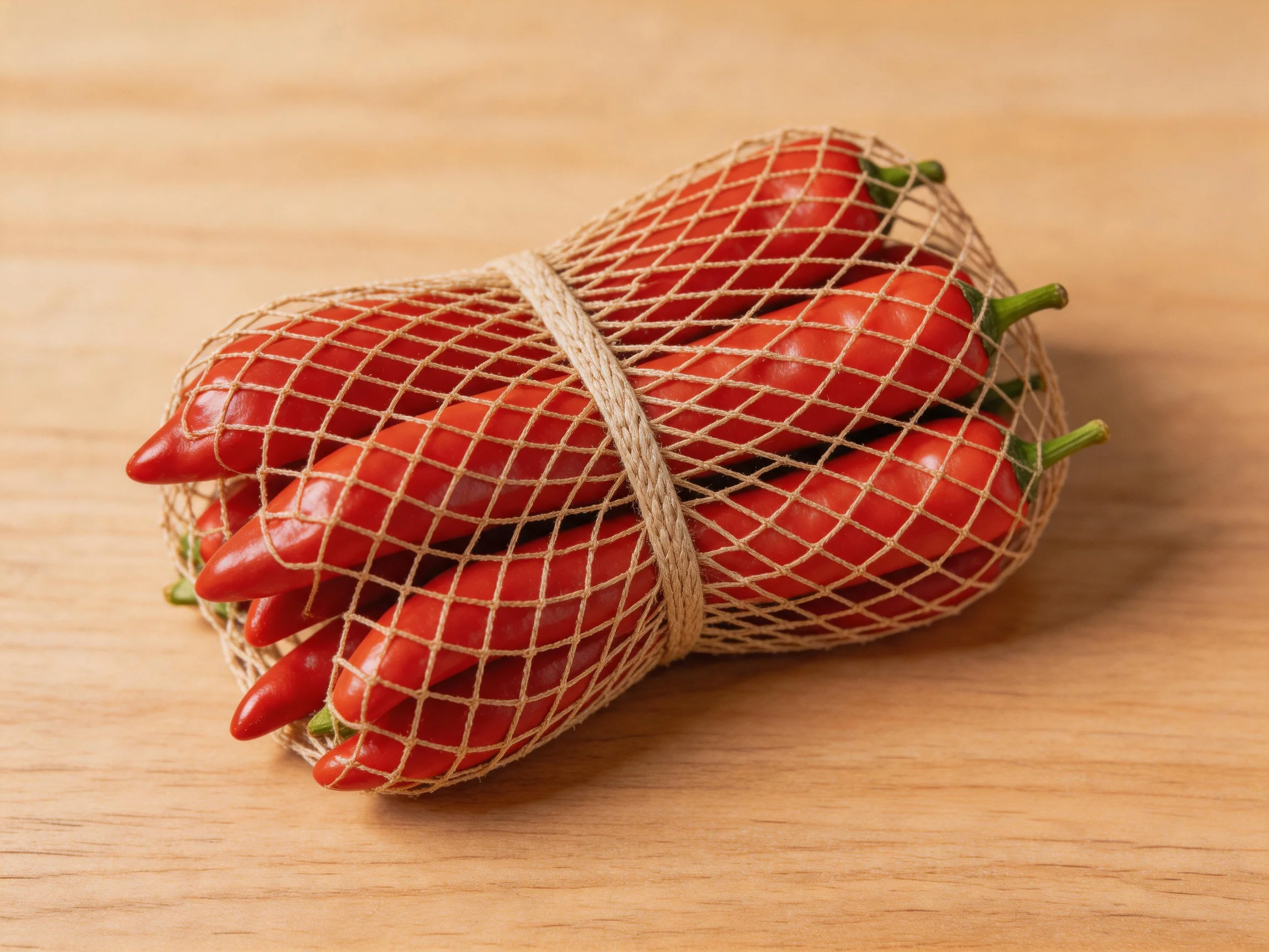 A bundle of vibrant red chili peppers in a net bag