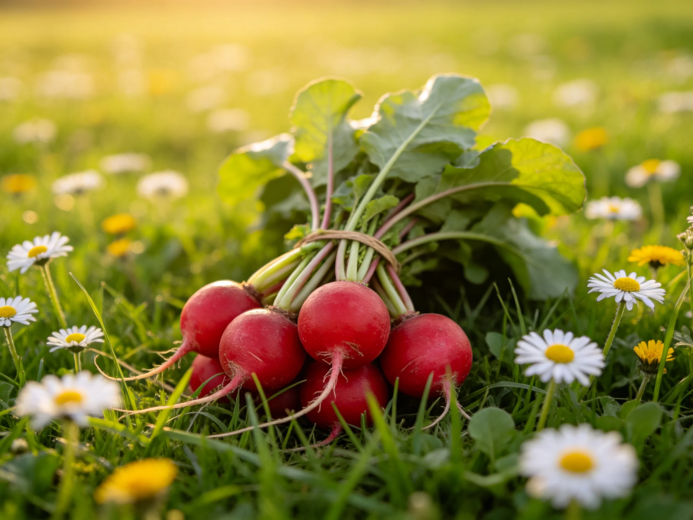 A bundle of vibrant red radishes tied together among lush green grass and daisies