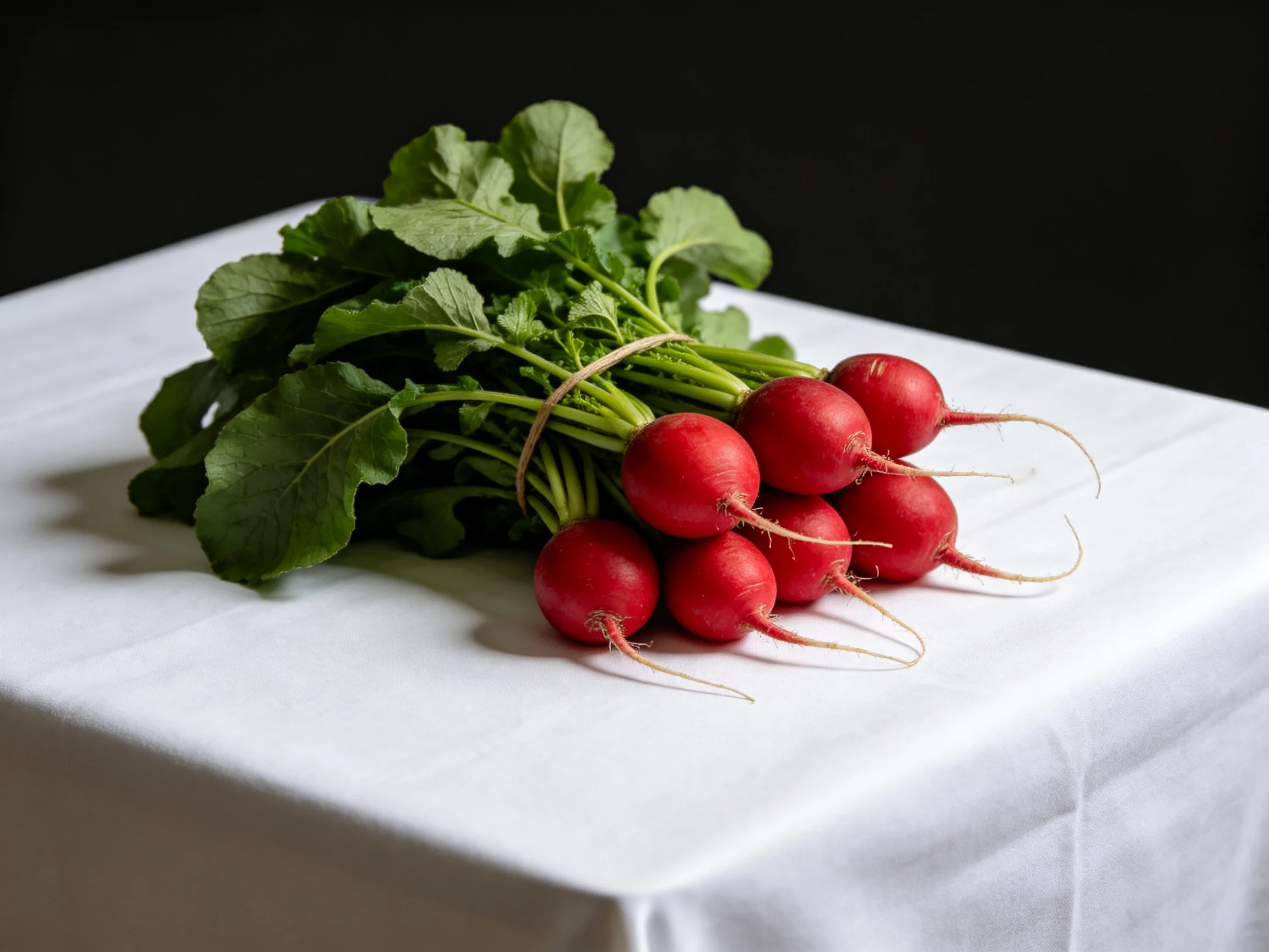 A bundle of vibrant red radishes with fresh green foliage