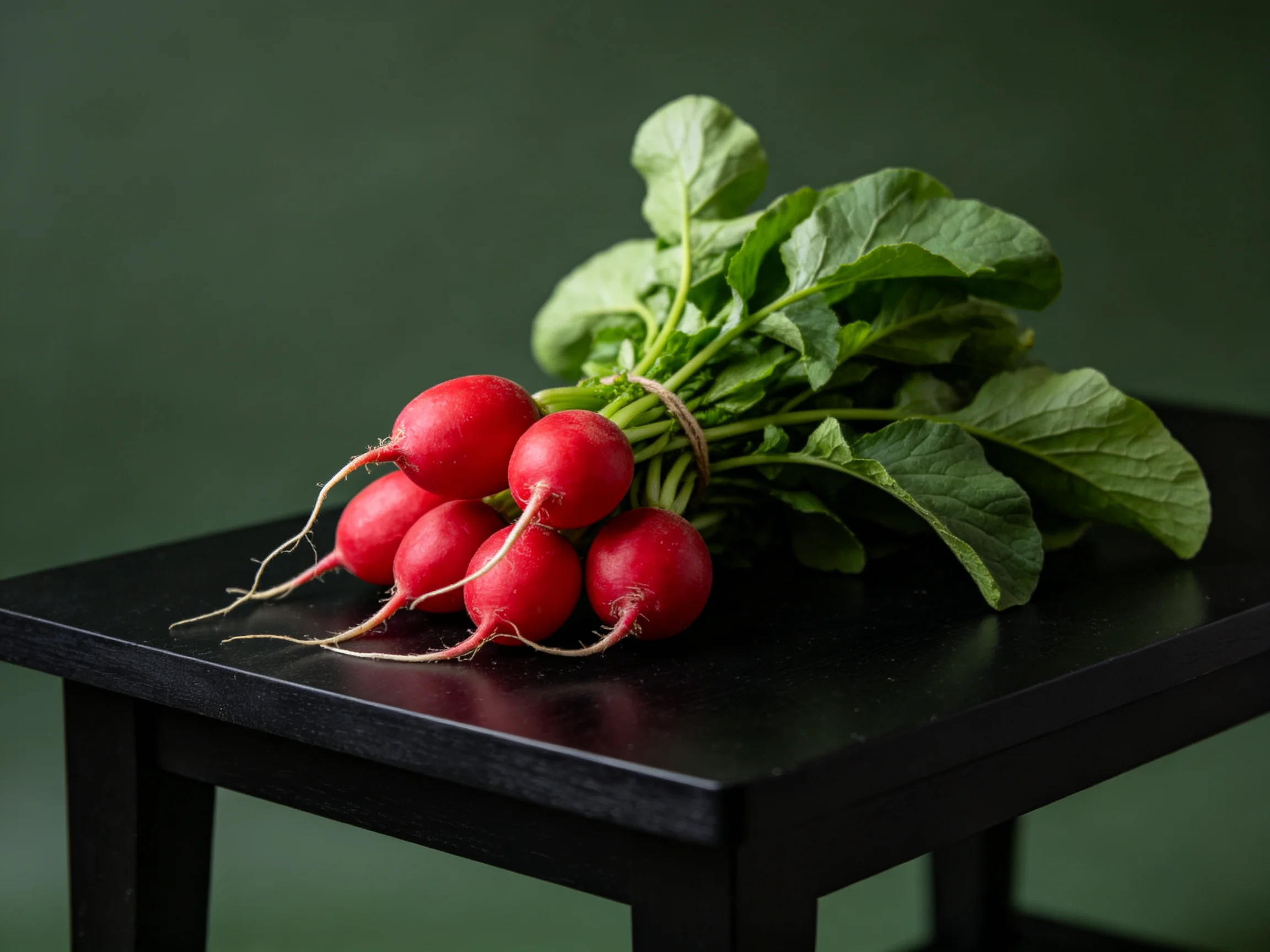 A bundle of vibrant red radishes with fresh green leaves on a black table