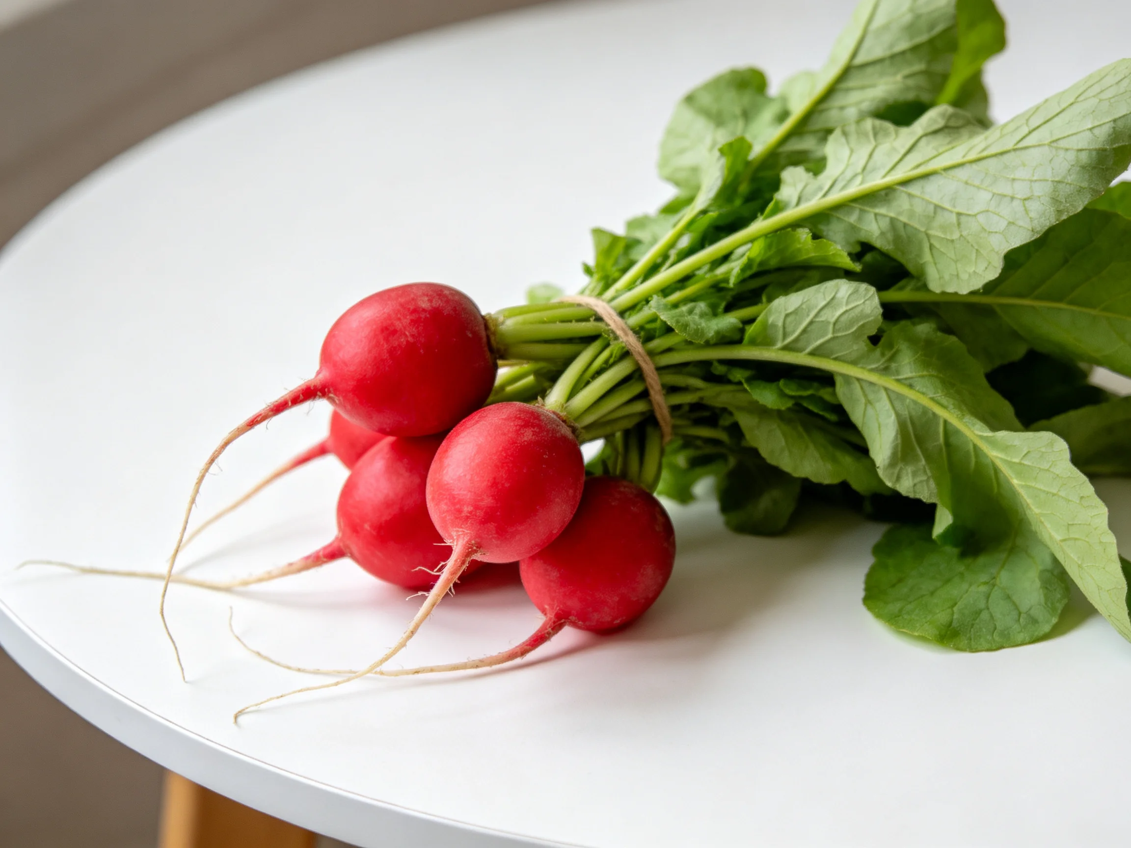A cluster of bright red radishes with leafy greens rests on a smooth white surface.