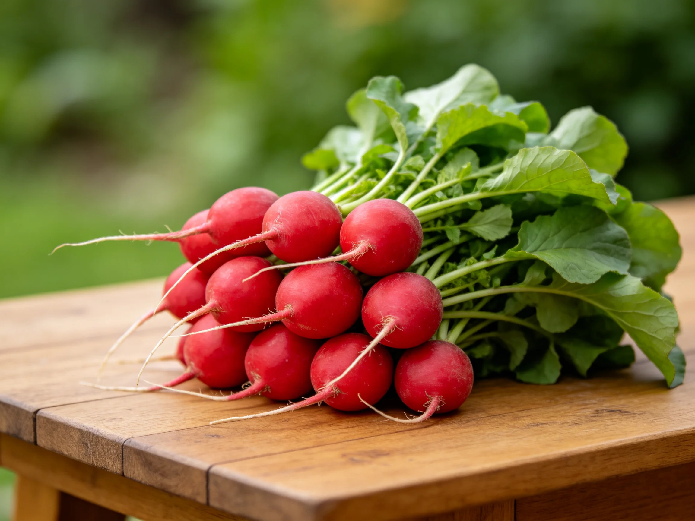 A bundle of vibrant red radishes with fresh green leaves on a wooden table