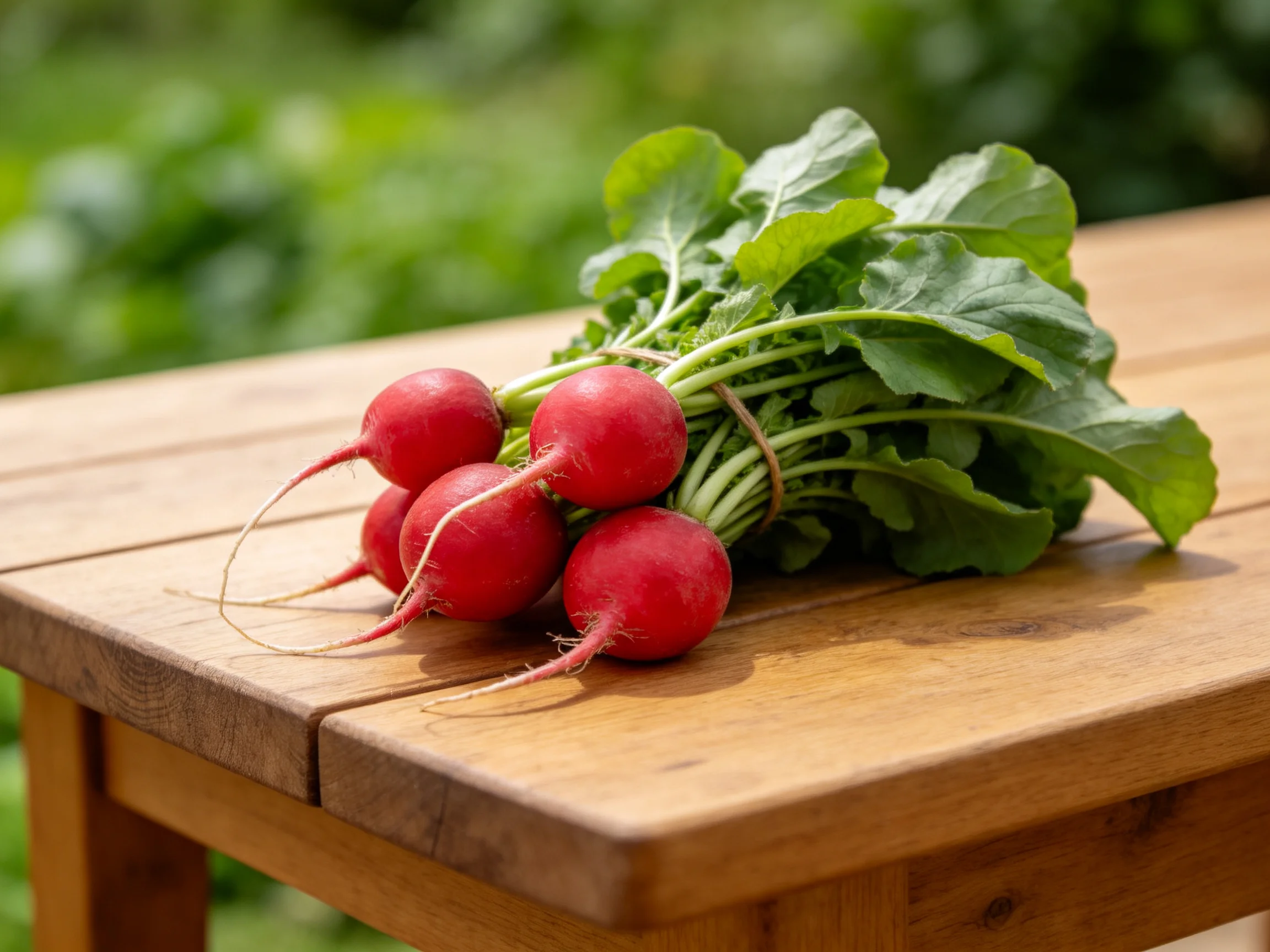 A bundle of vibrant red radishes with green leaves on a wooden table