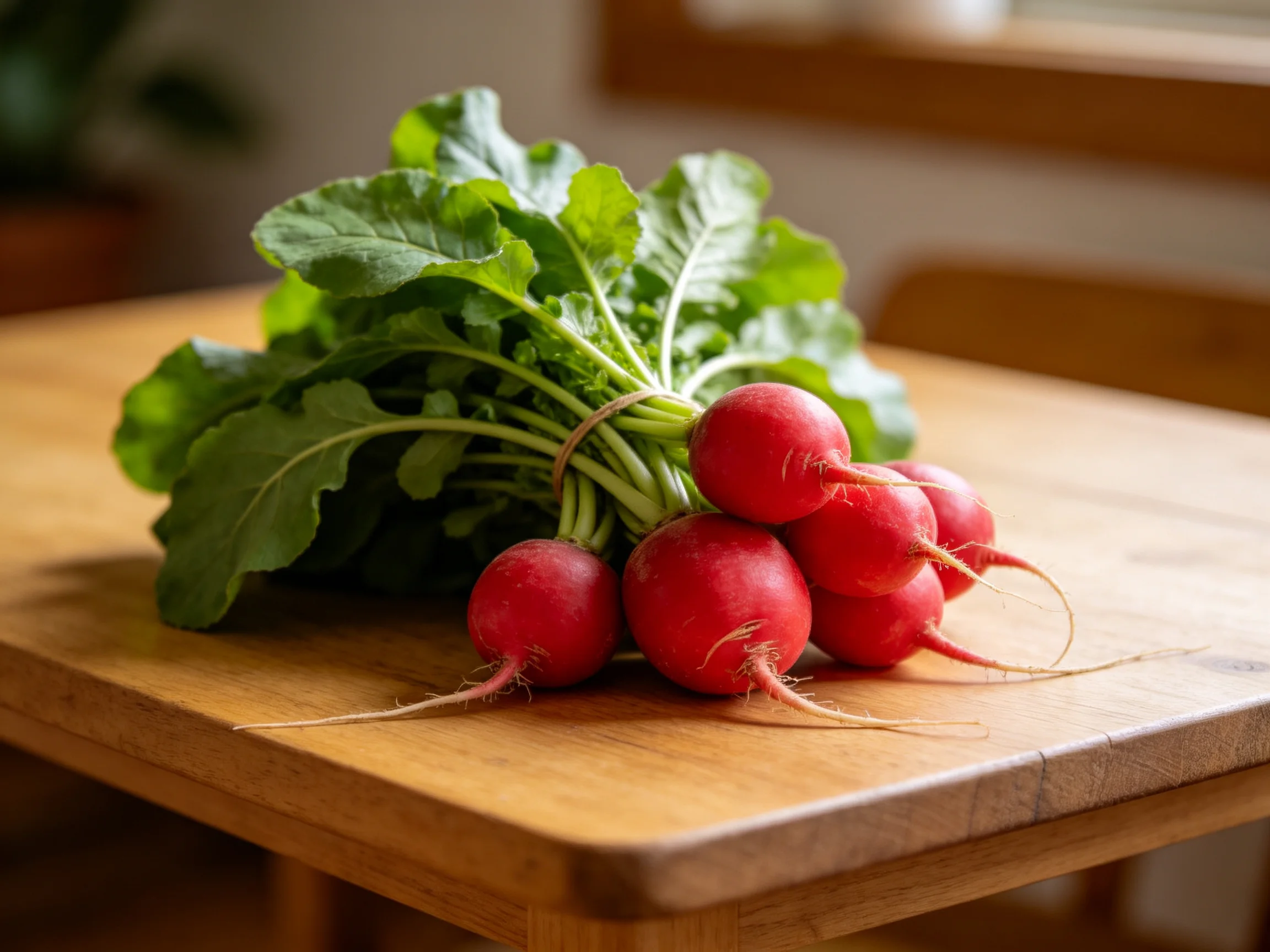 A bundle of vibrant red radishes with lush green leaves on a wooden table