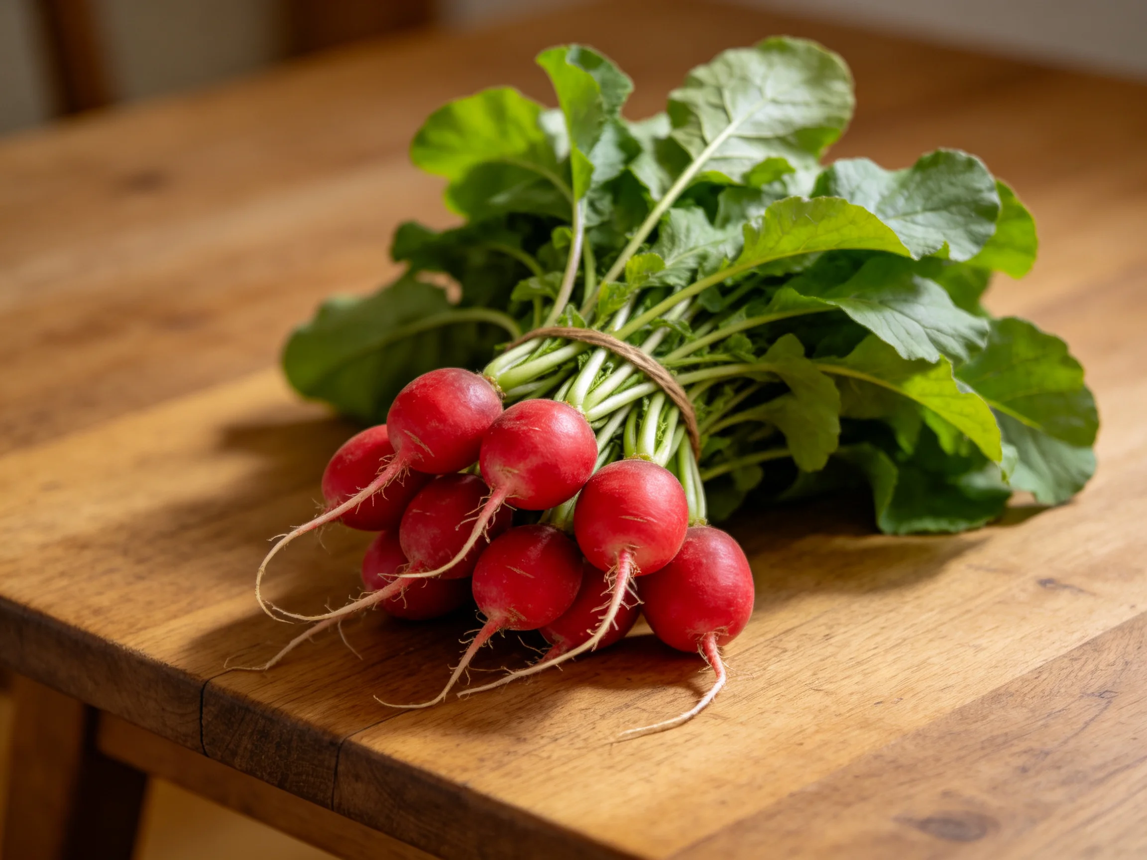 A bundle of vibrant red radishes with lush green leaves on a wooden table
