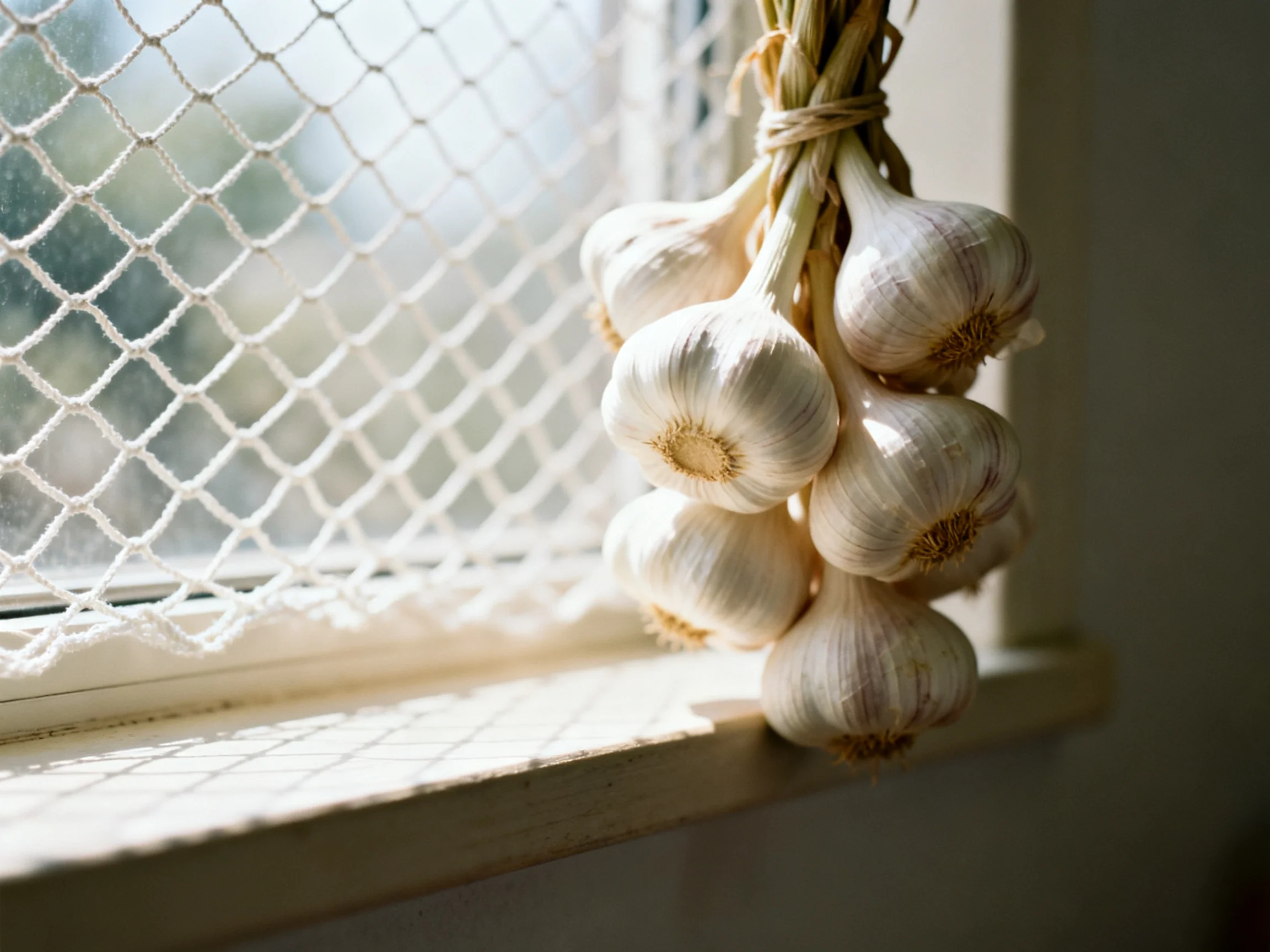 A bundle of white garlic bulbs hanging beside a sunlit window with a mesh screen