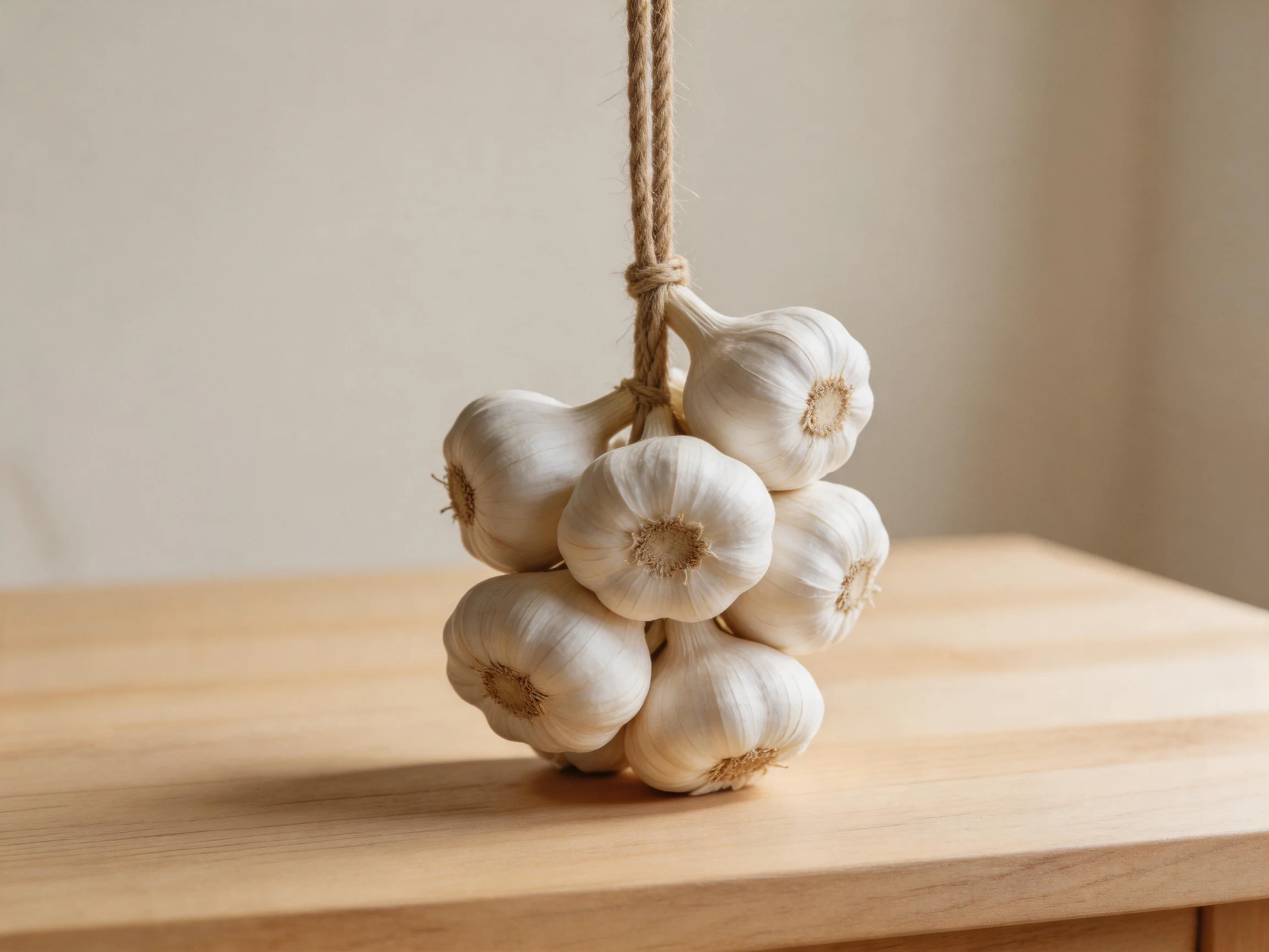 A bundle of white garlic bulbs hung by a twine rope on a wooden table