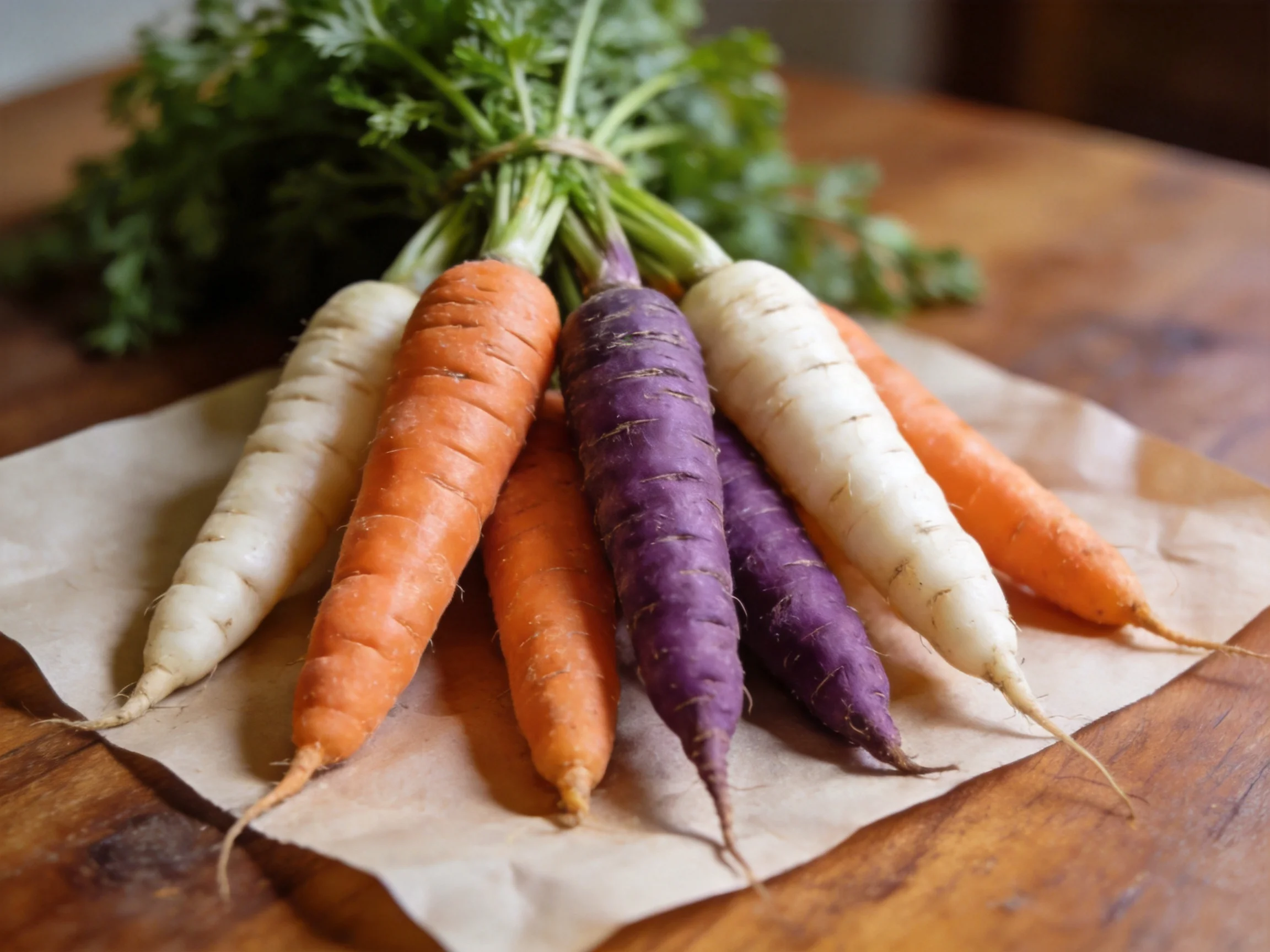 A bundle of white, orange, and purple carrots with green tops on a wooden table