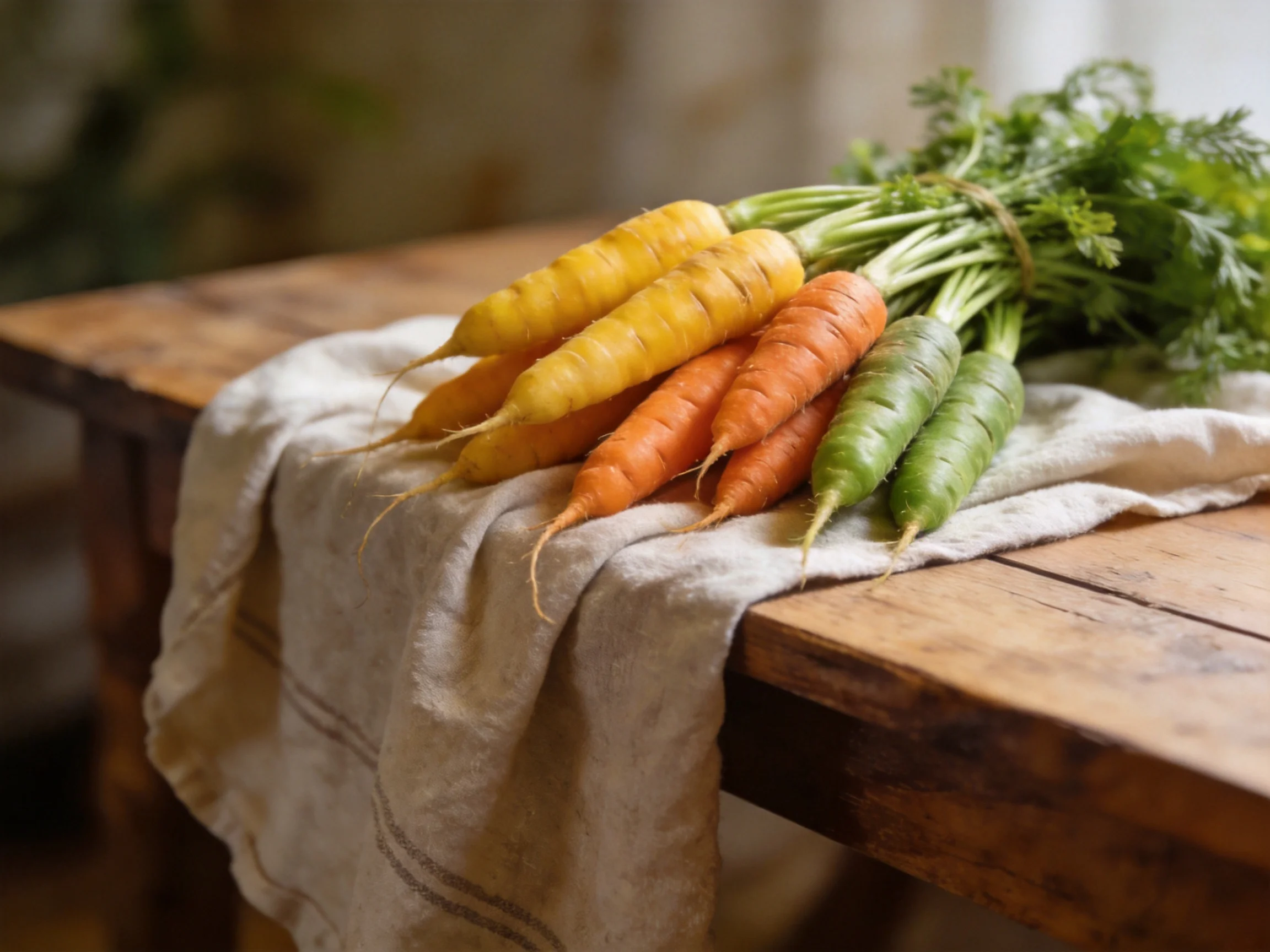 A bundle of yellow, orange, and green carrots rests on a rustic wooden table