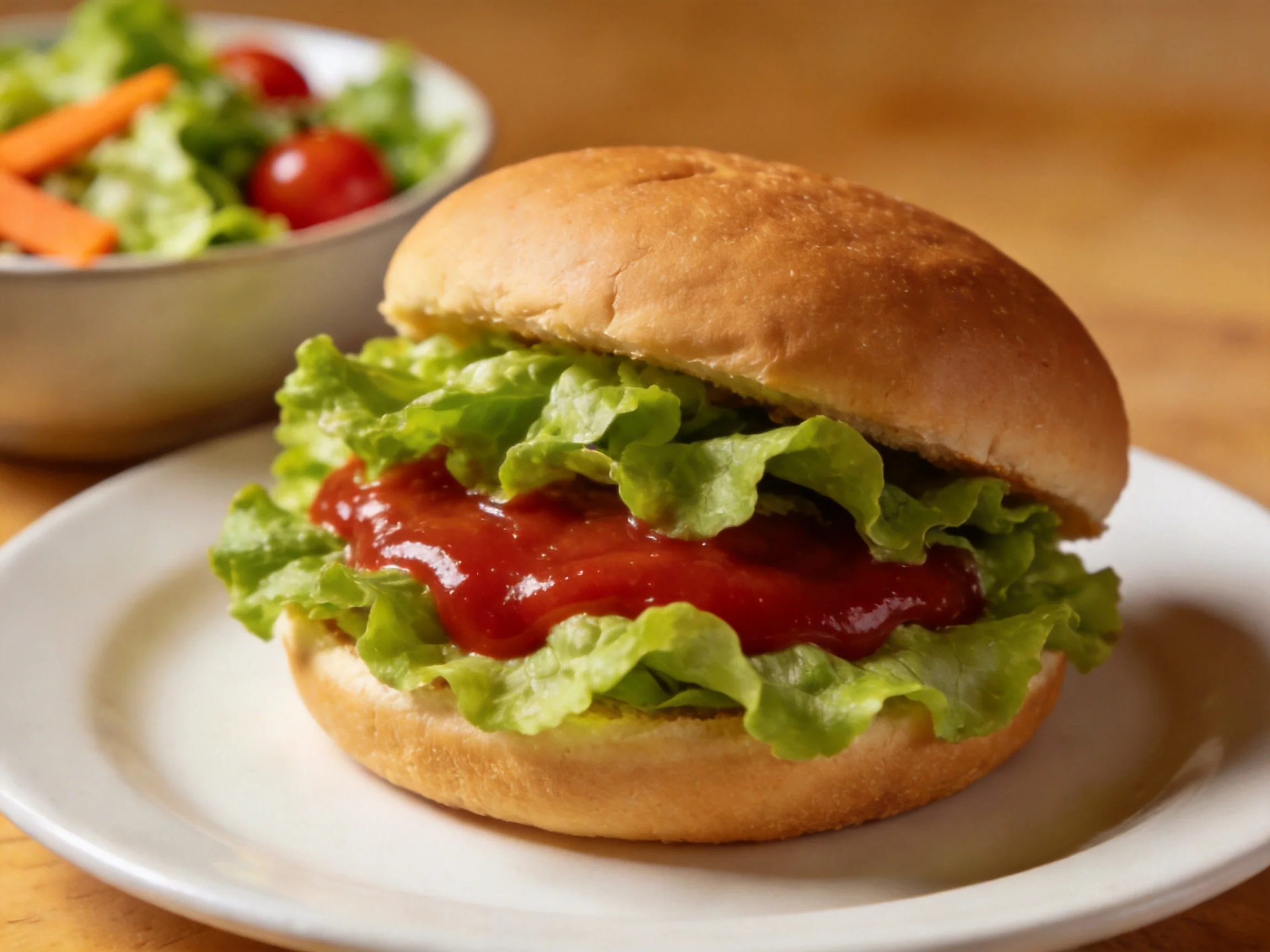 A burger with fresh lettuce and ketchup, with a mixed green salad nearby