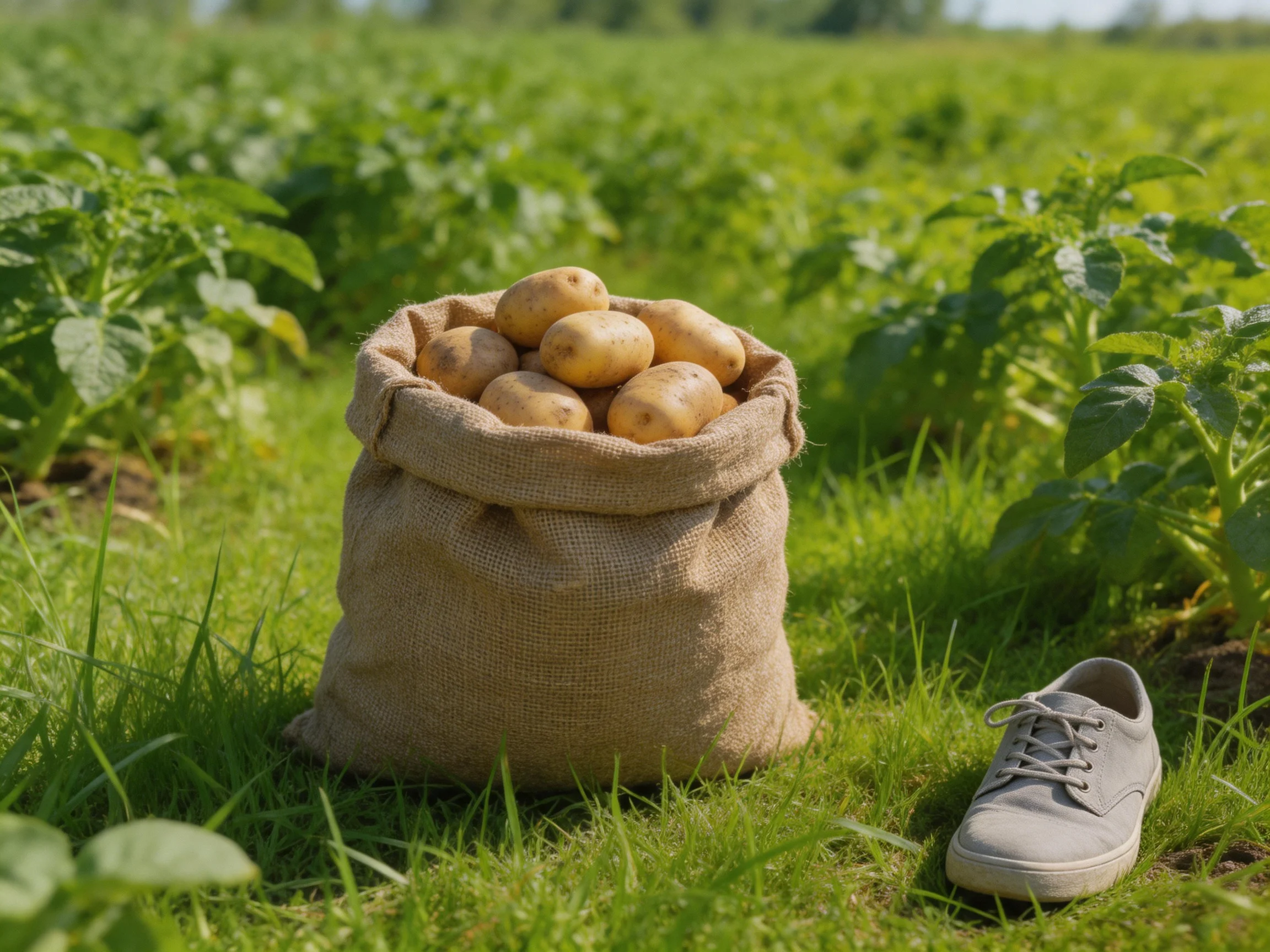 A burlap sack of golden potatoes in a lush green field beside a gray sneaker