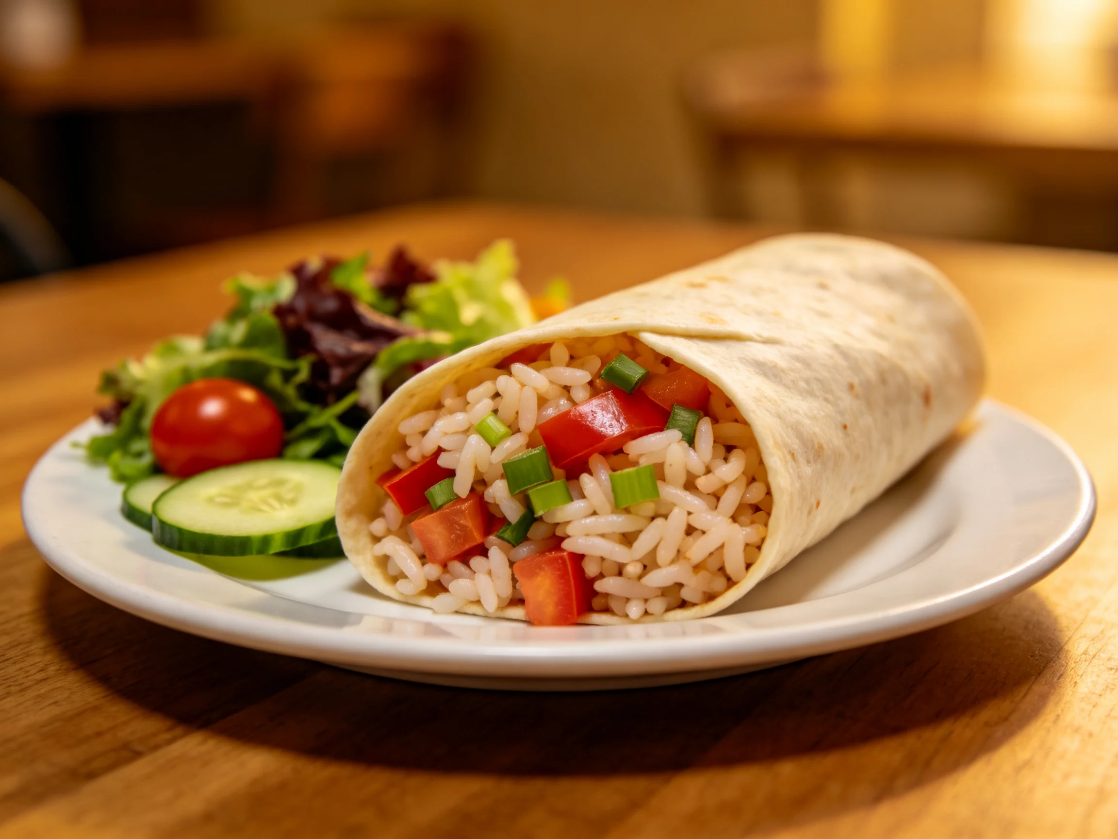 A burrito filled with rice, peppers, and onions, served with mixed greens and cucumber