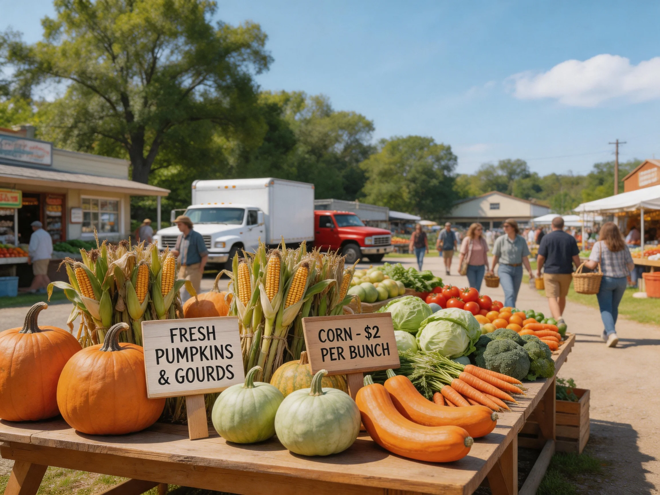 A bustling farmers market displaying colorful fall vegetables under sunny skies