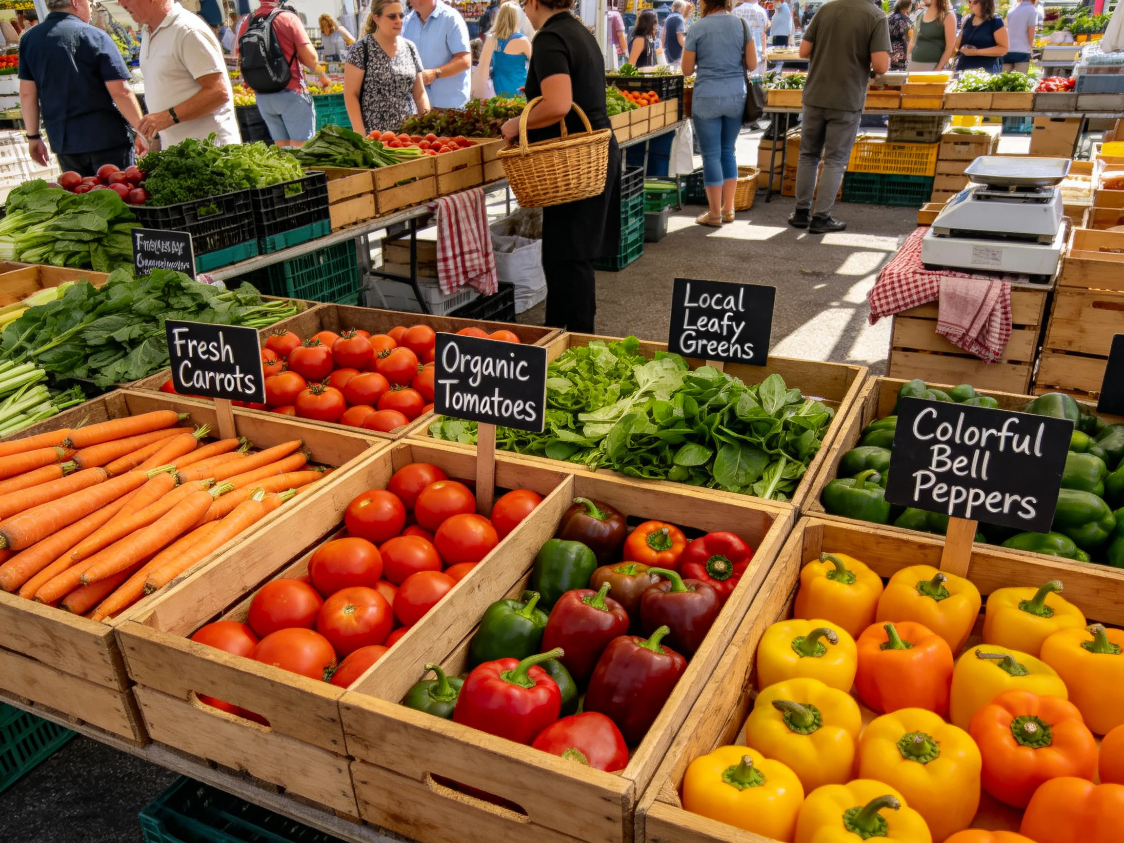 A bustling farmers market featuring colorful organic vegetables in wooden crates