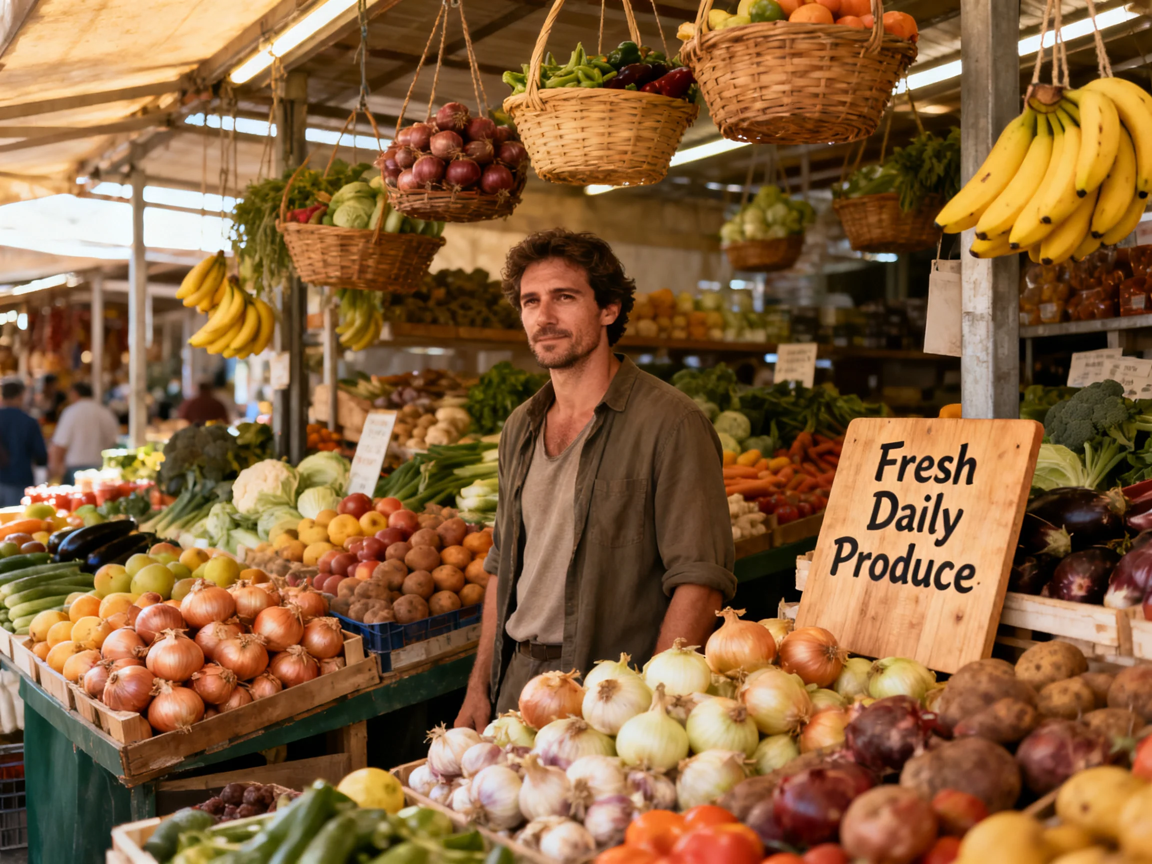 A bustling farmers market stall displaying colorful fresh produce including bananas, onions, and vege