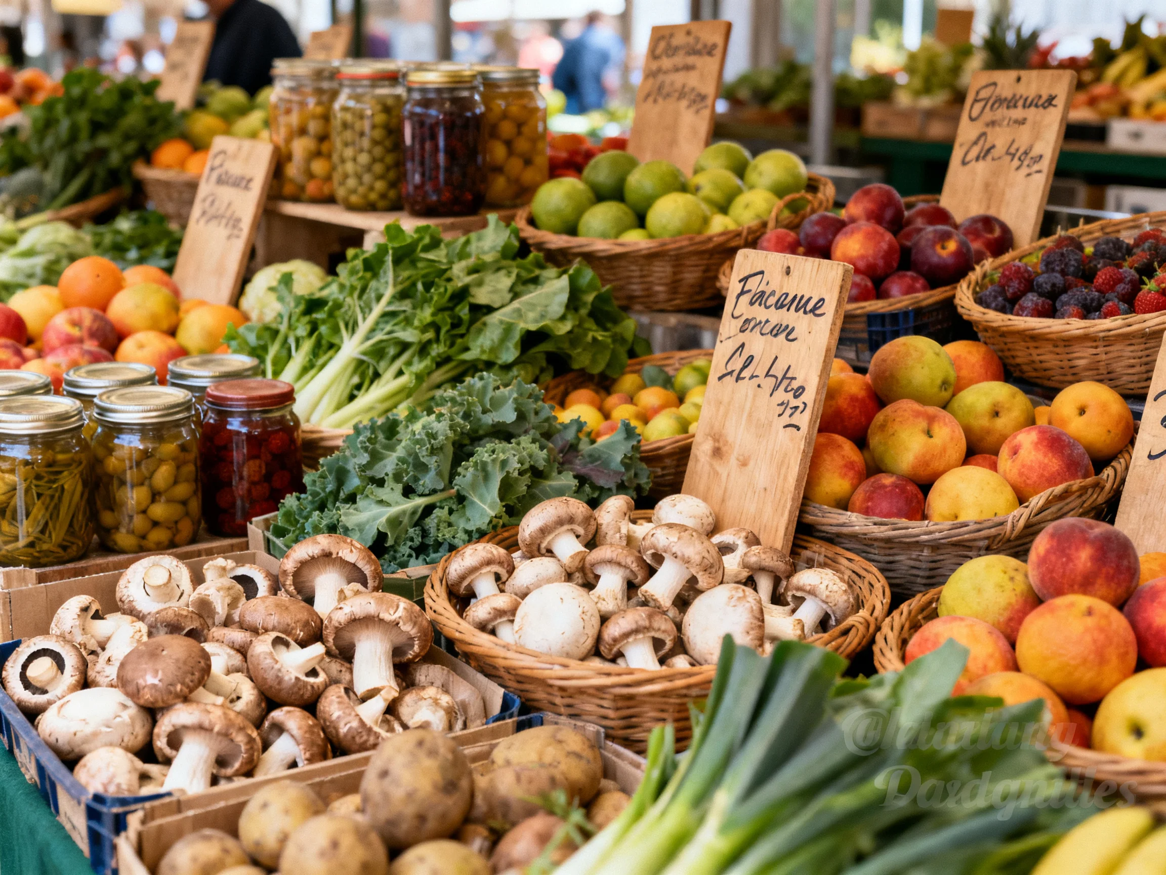 A bustling farmers market stall with fresh fruits, veggies, and mushrooms