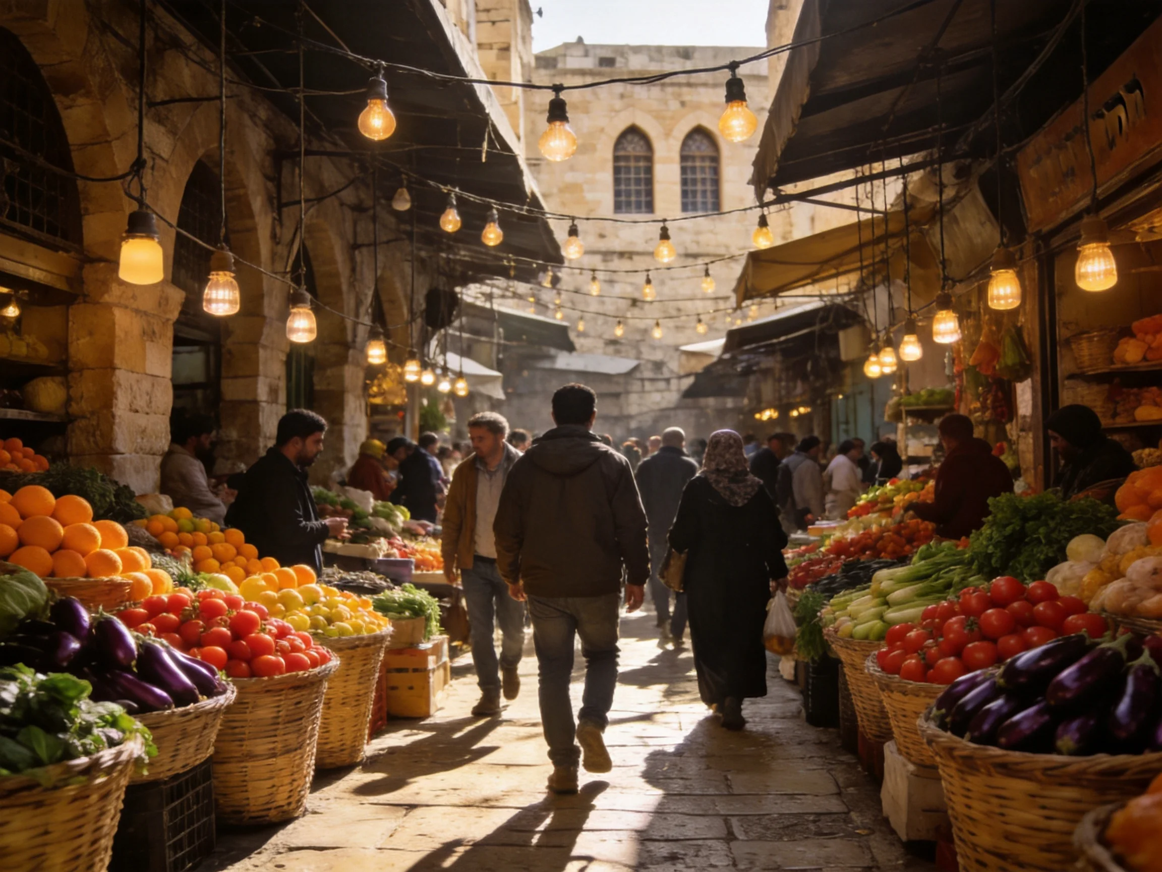 A bustling market street with colorful fruits, vegetables, and hanging lights