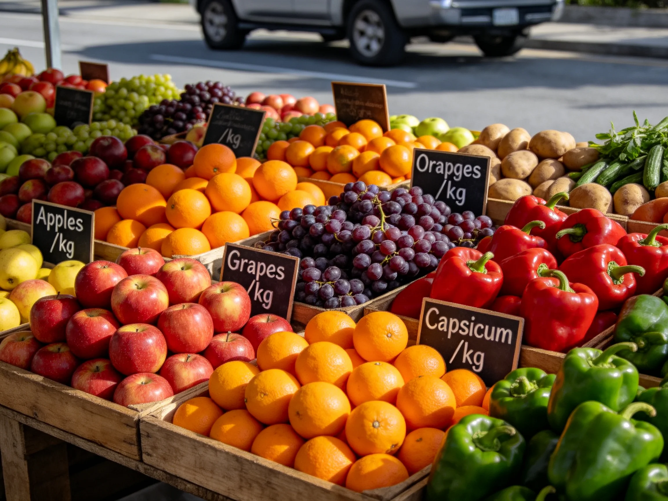 A bustling outdoor market stall filled with colorful fresh fruits and vegetables