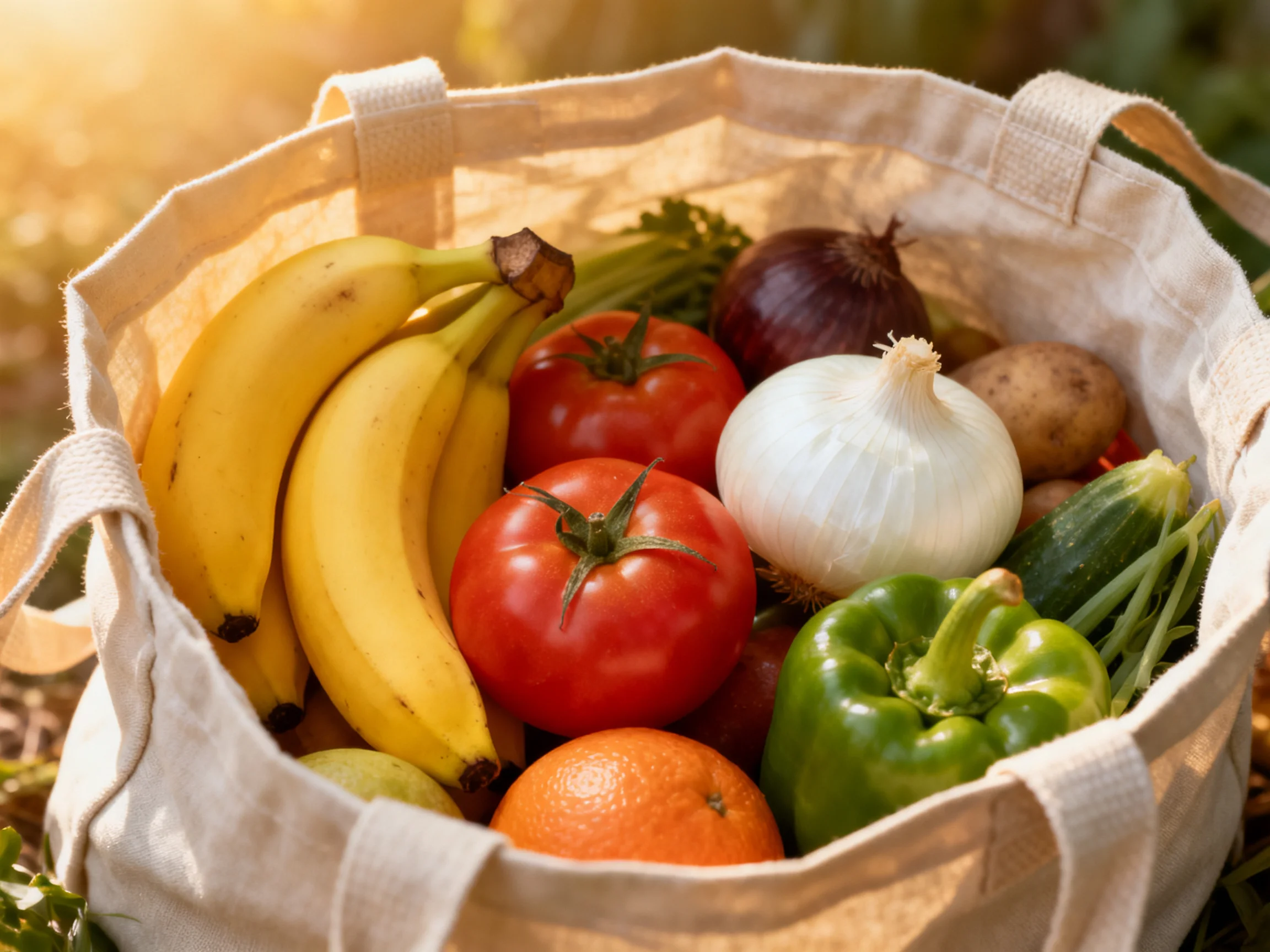 A canvas bag filled with assorted colorful fruits and vegetables