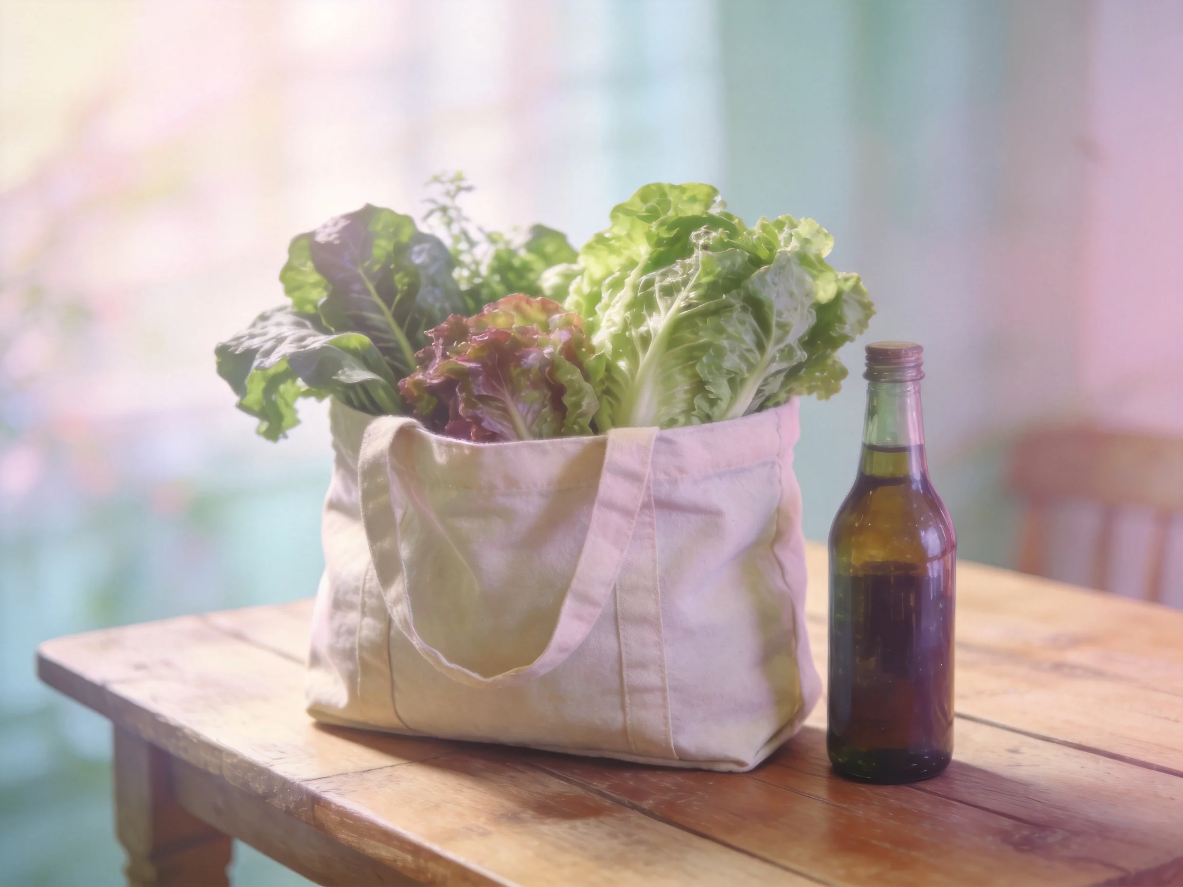 A canvas bag with mixed leafy greens near a small bottle on a wooden table