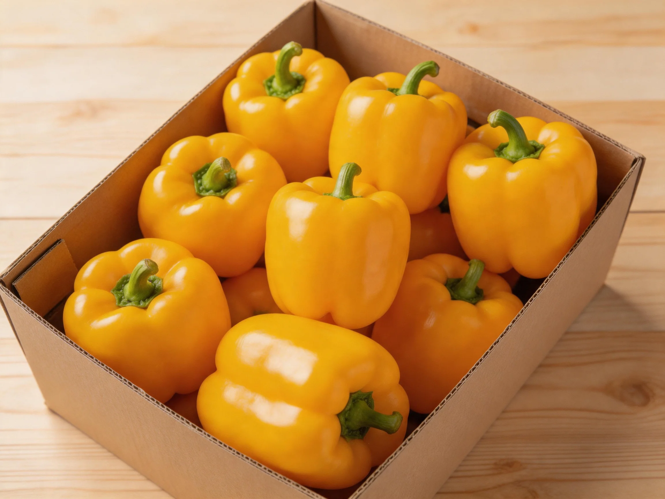 A cardboard box containing nine bright yellow bell peppers
