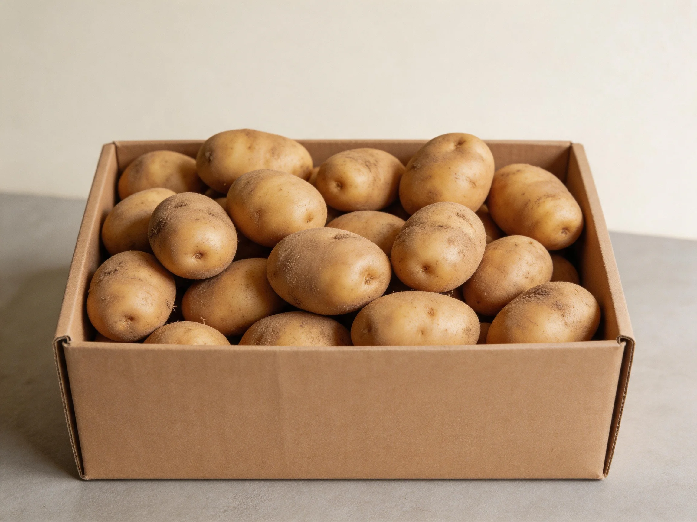 A cardboard box filled with numerous light brown potatoes