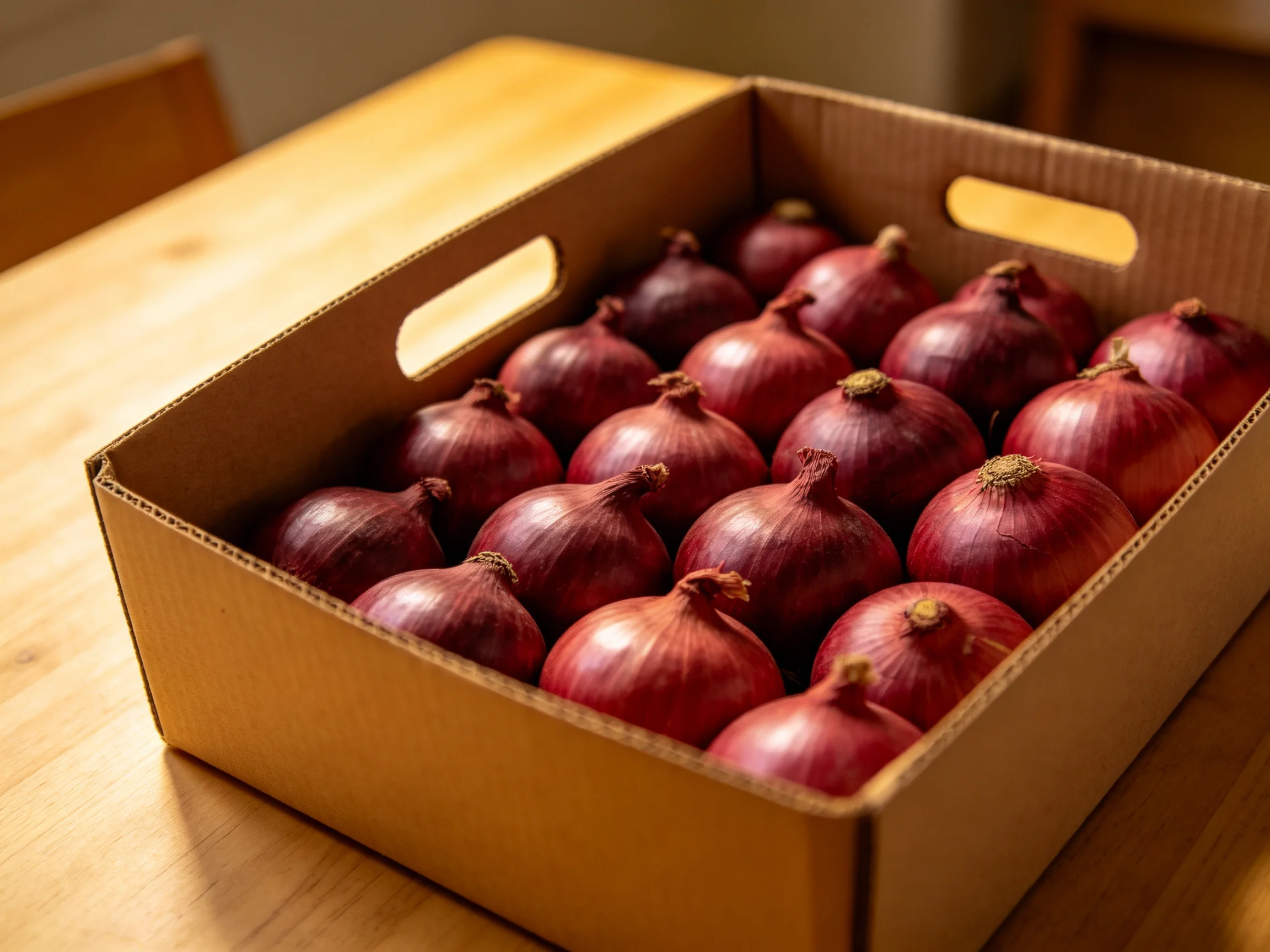 A cardboard box filled with numerous red onions placed on a wooden table