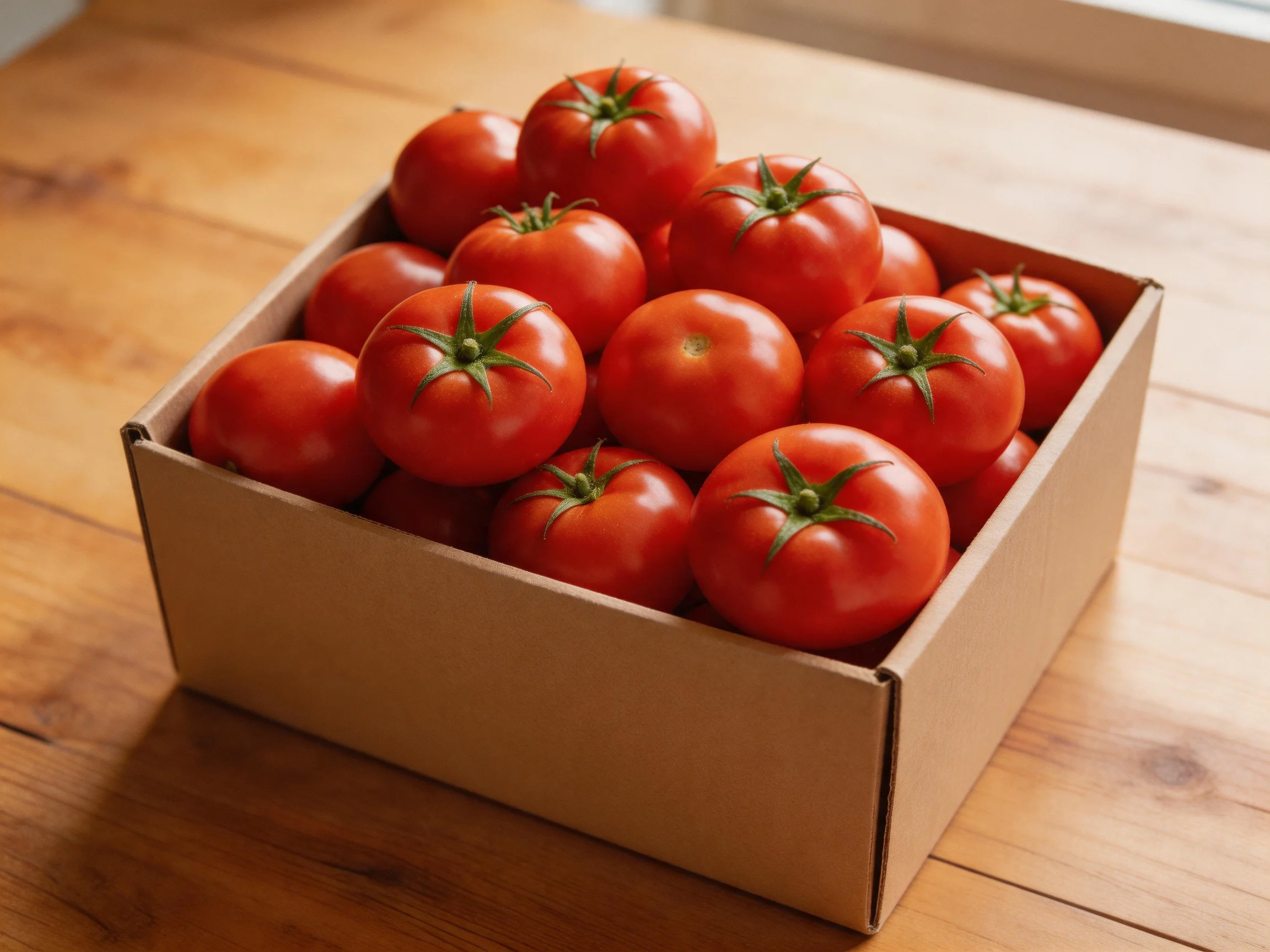 A cardboard box filled with numerous vibrant red tomatoes