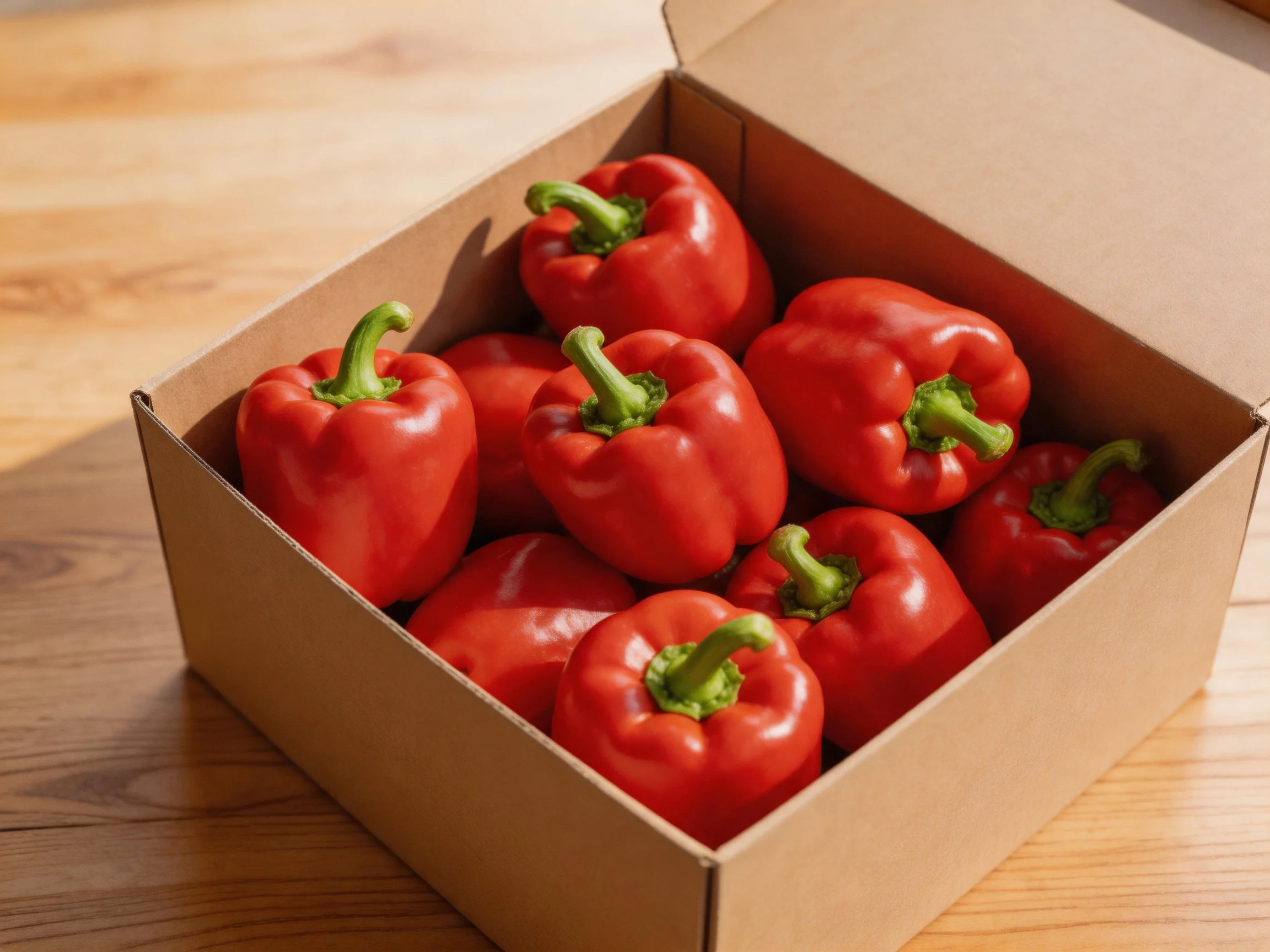 A cardboard box filled with vibrant red bell peppers on a wooden surface
