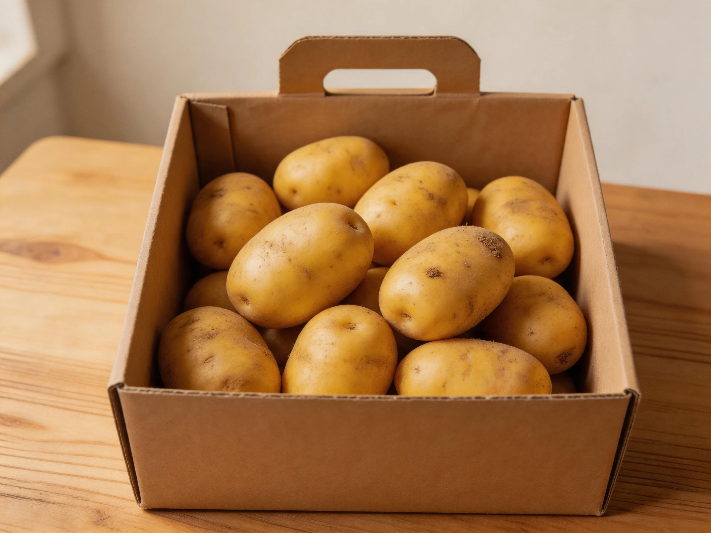 A cardboard box holding multiple yellow potatoes on a wooden table