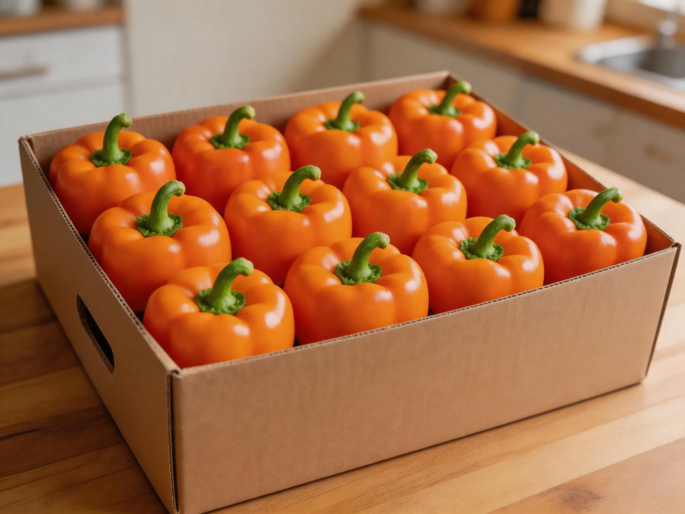 A cardboard box holding twelve vibrant orange bell peppers
