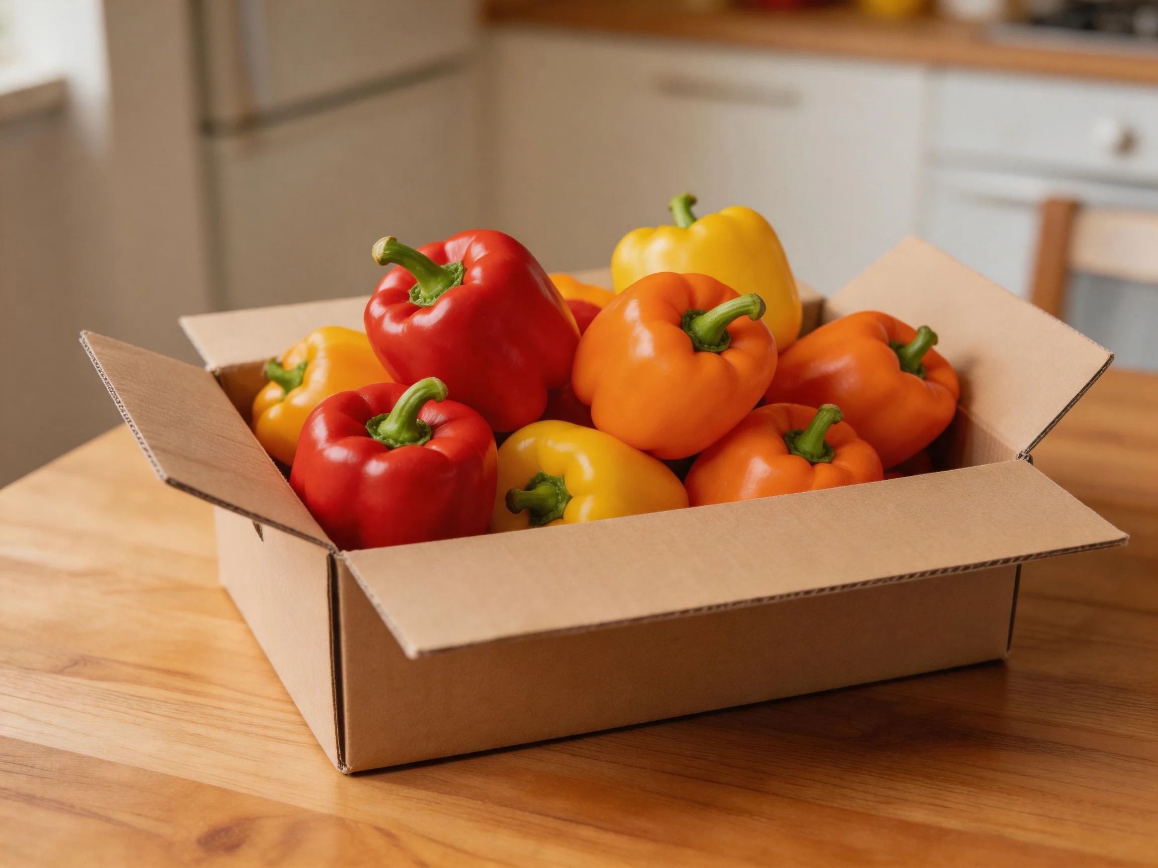 A cardboard box holds red, yellow, and orange bell peppers on a wooden table.