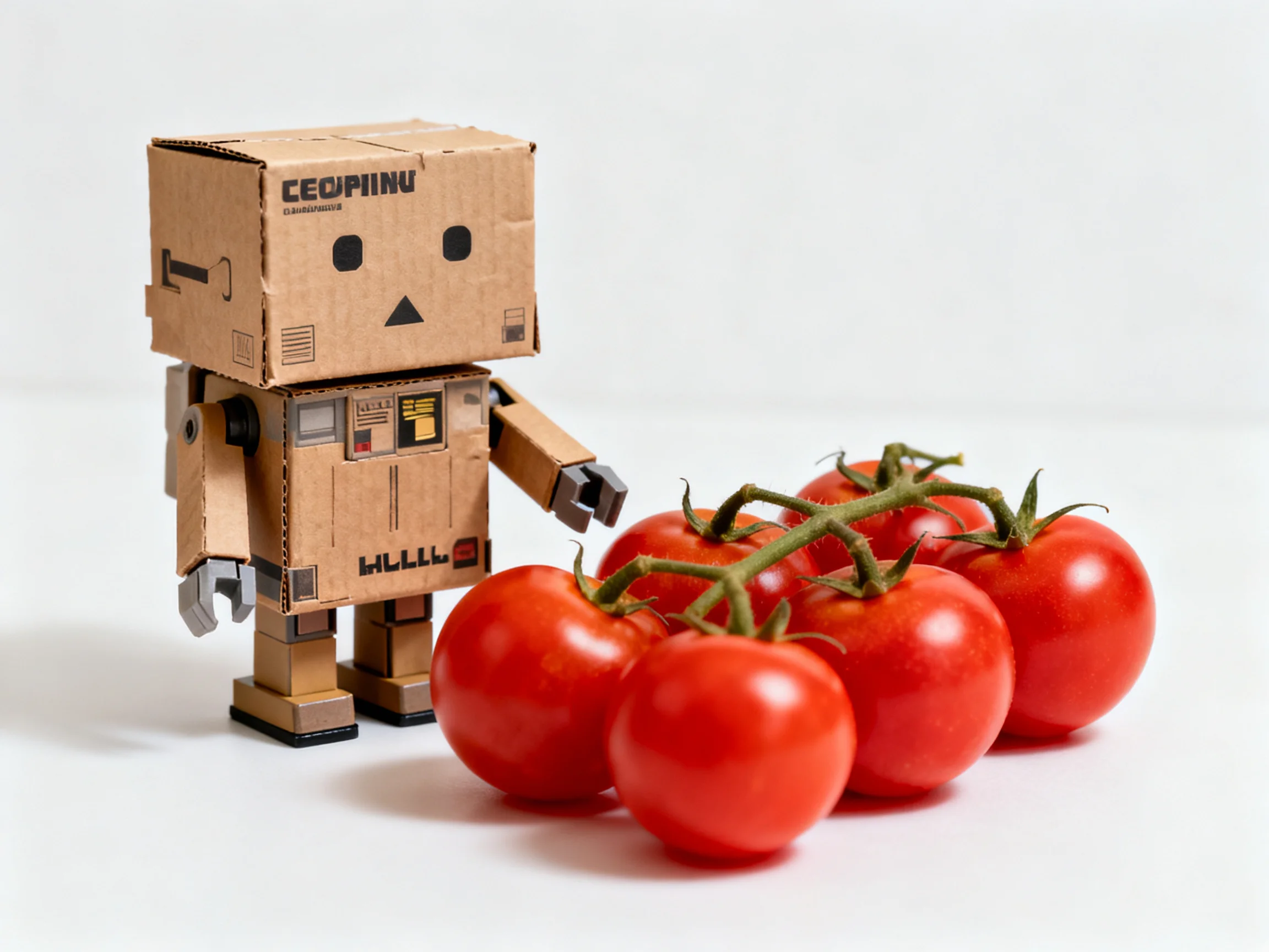A cardboard robot figurine beside a cluster of bright red tomatoes