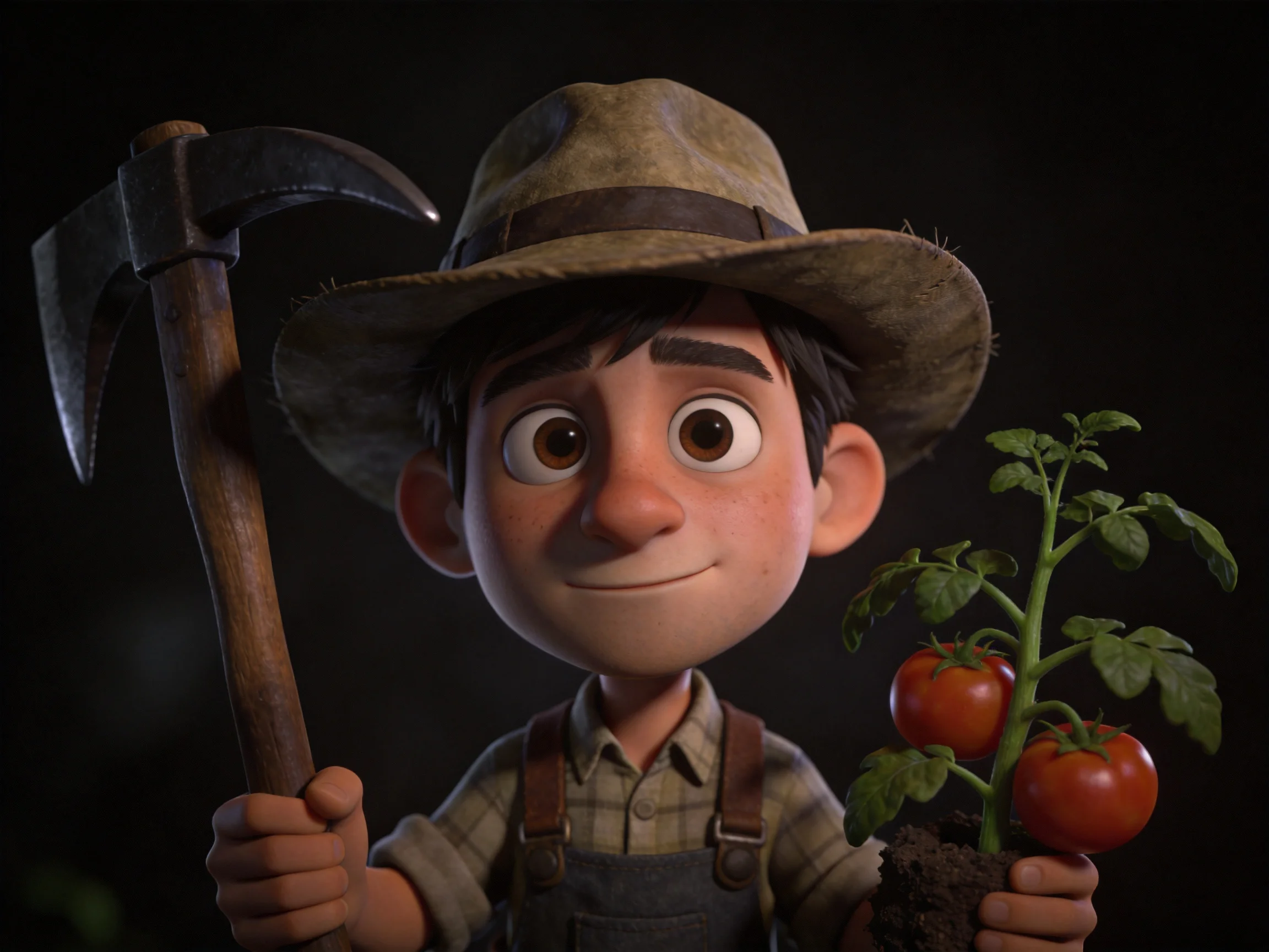 A cartoon farmer wearing a wide-brimmed hat holds a pickaxe and tomato plant