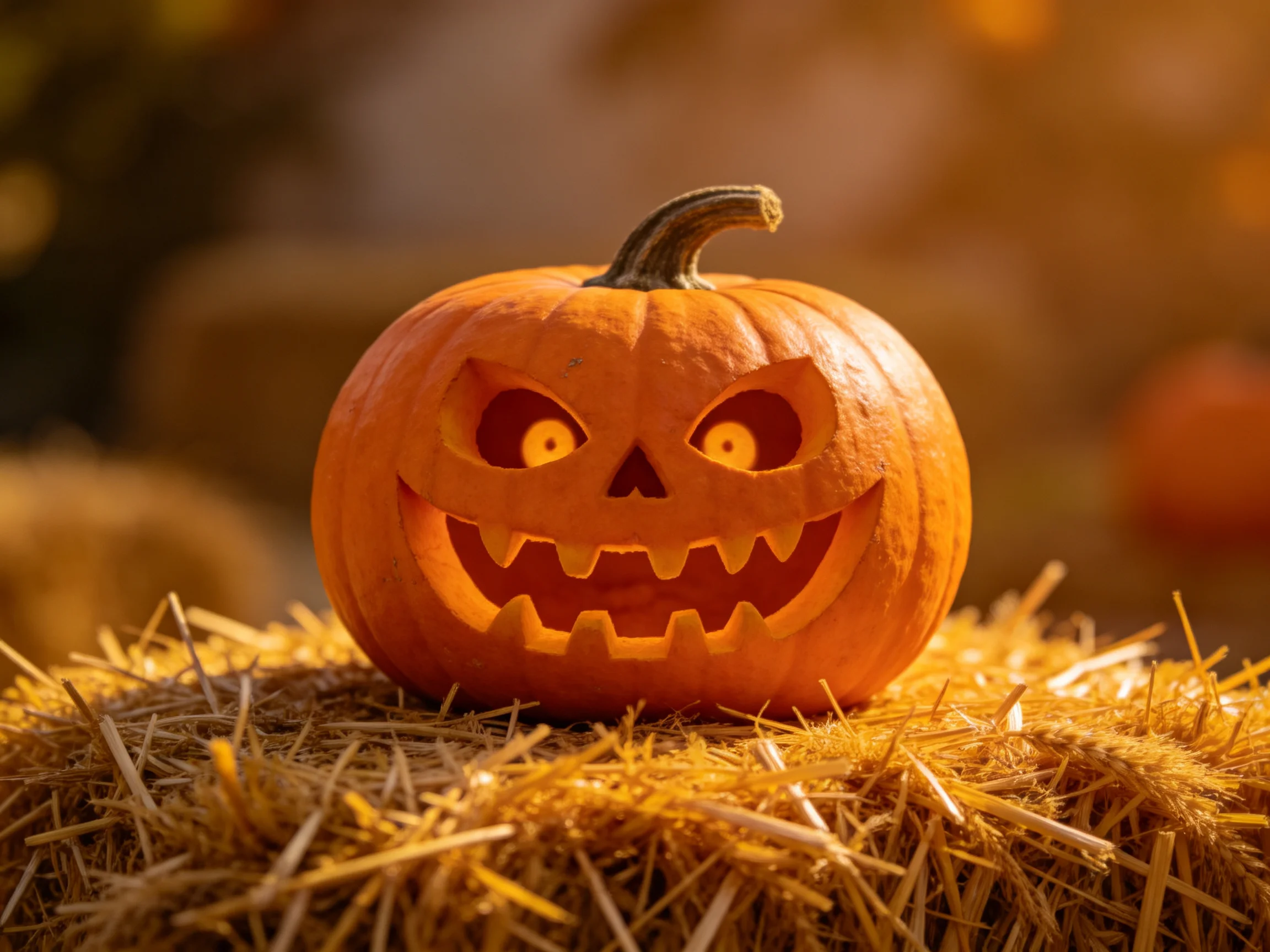 A carved jack - o - lantern pumpkin sits atop golden straw bales